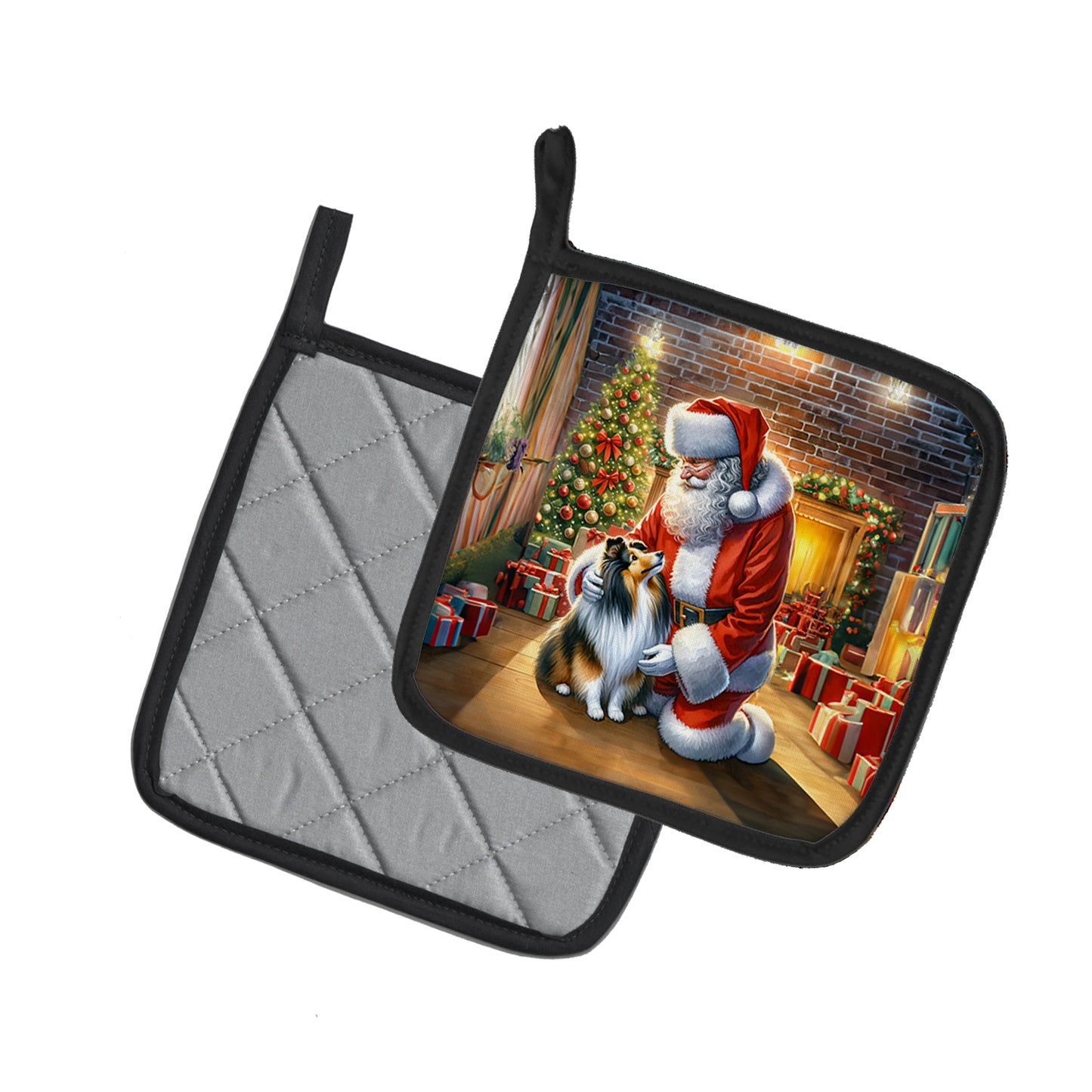 Sheltie and Santa Claus Pair of Pot Holders