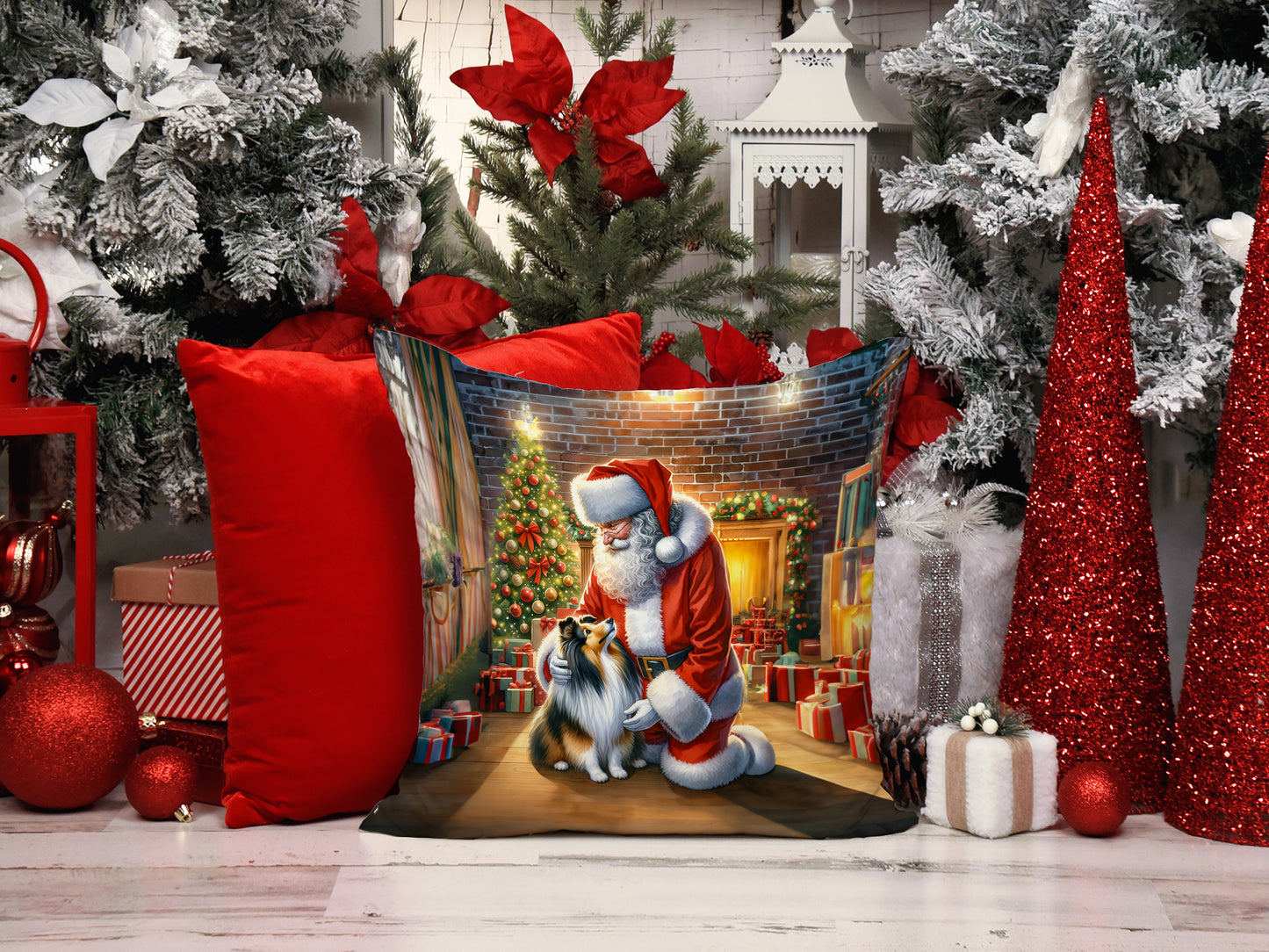 Sheltie and Santa Claus Throw Pillow