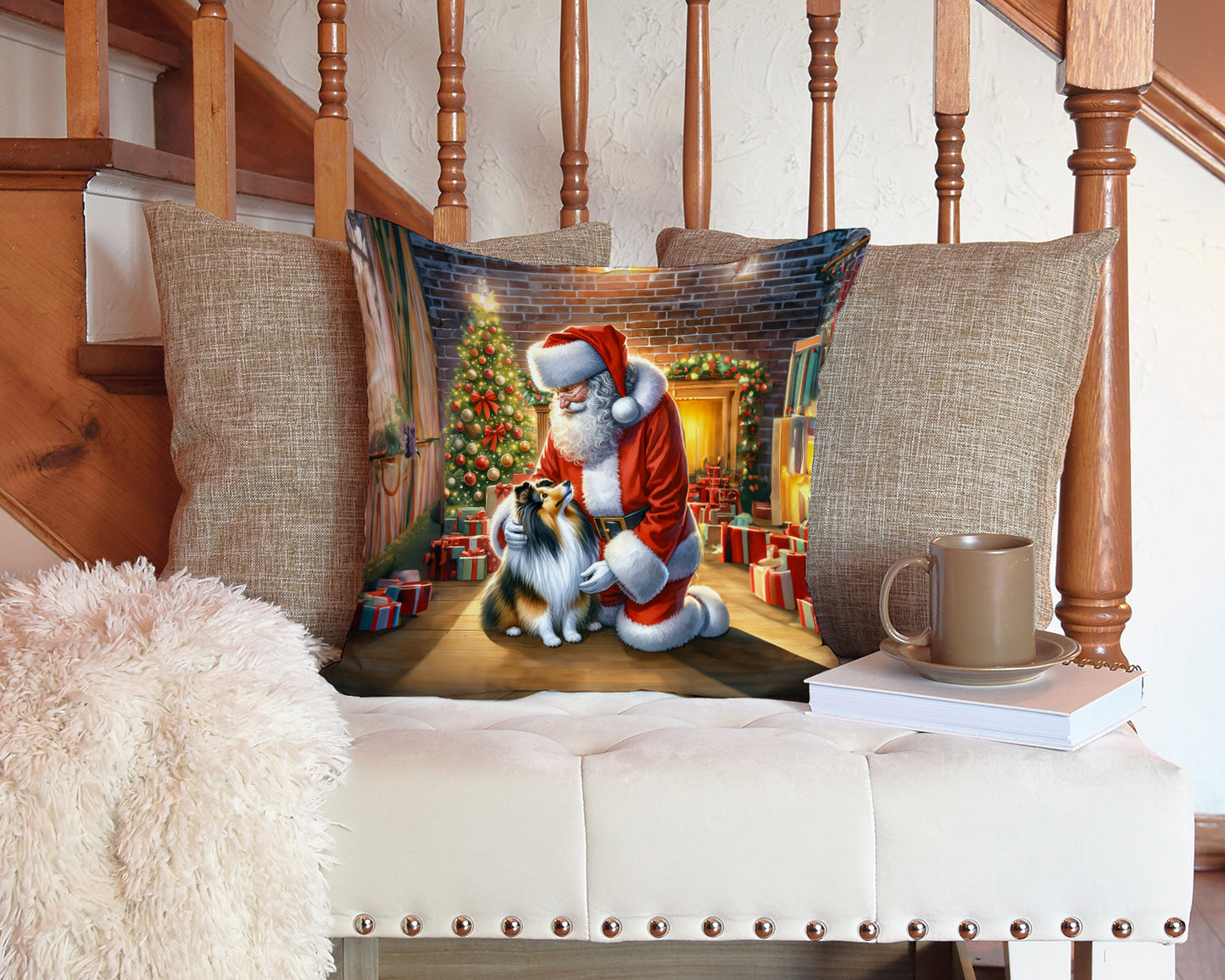 Sheltie and Santa Claus Throw Pillow