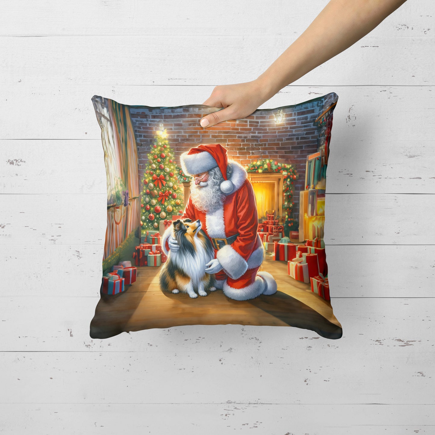 Sheltie and Santa Claus Throw Pillow