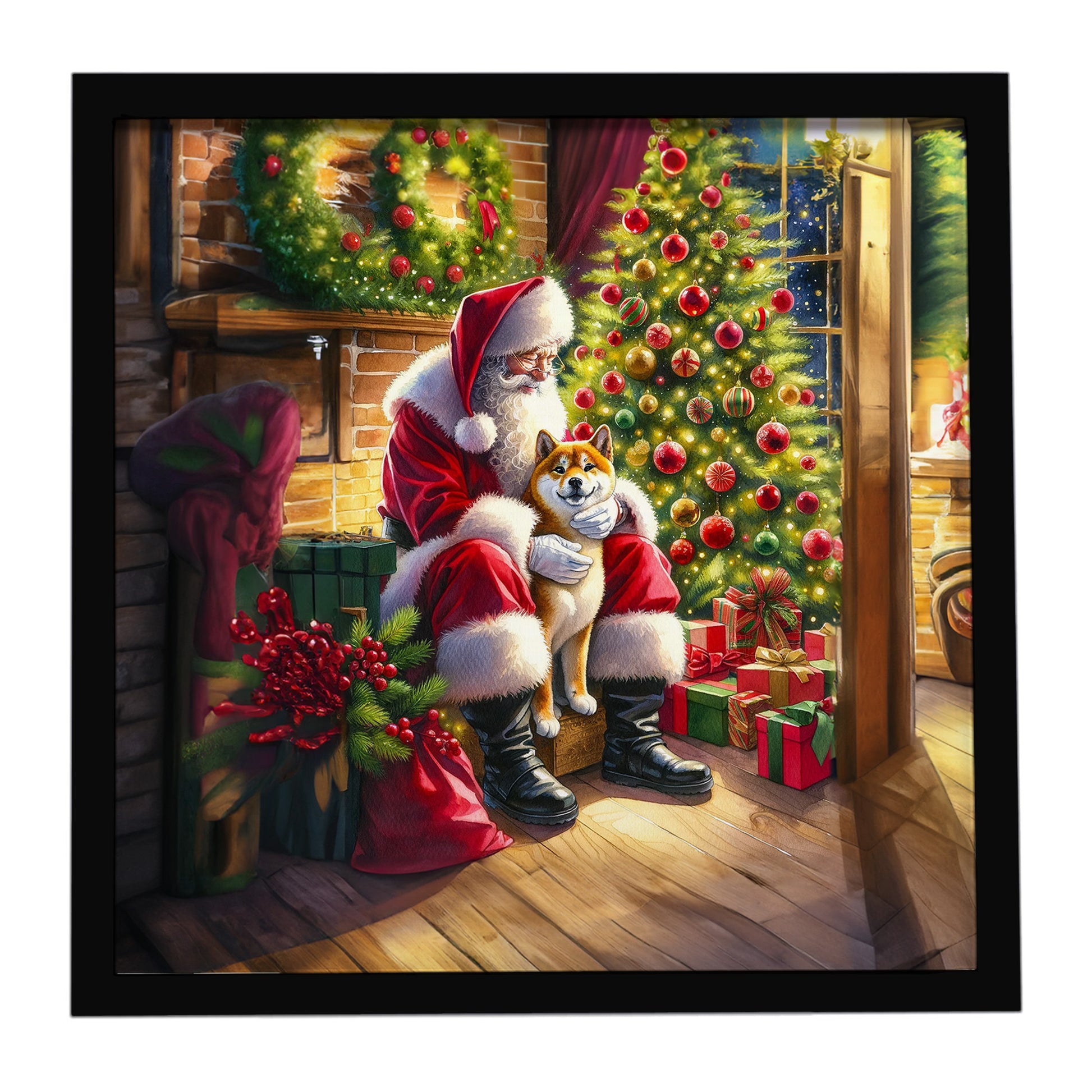 Buy this Shiba Inu and Santa Claus Framed Metal Print