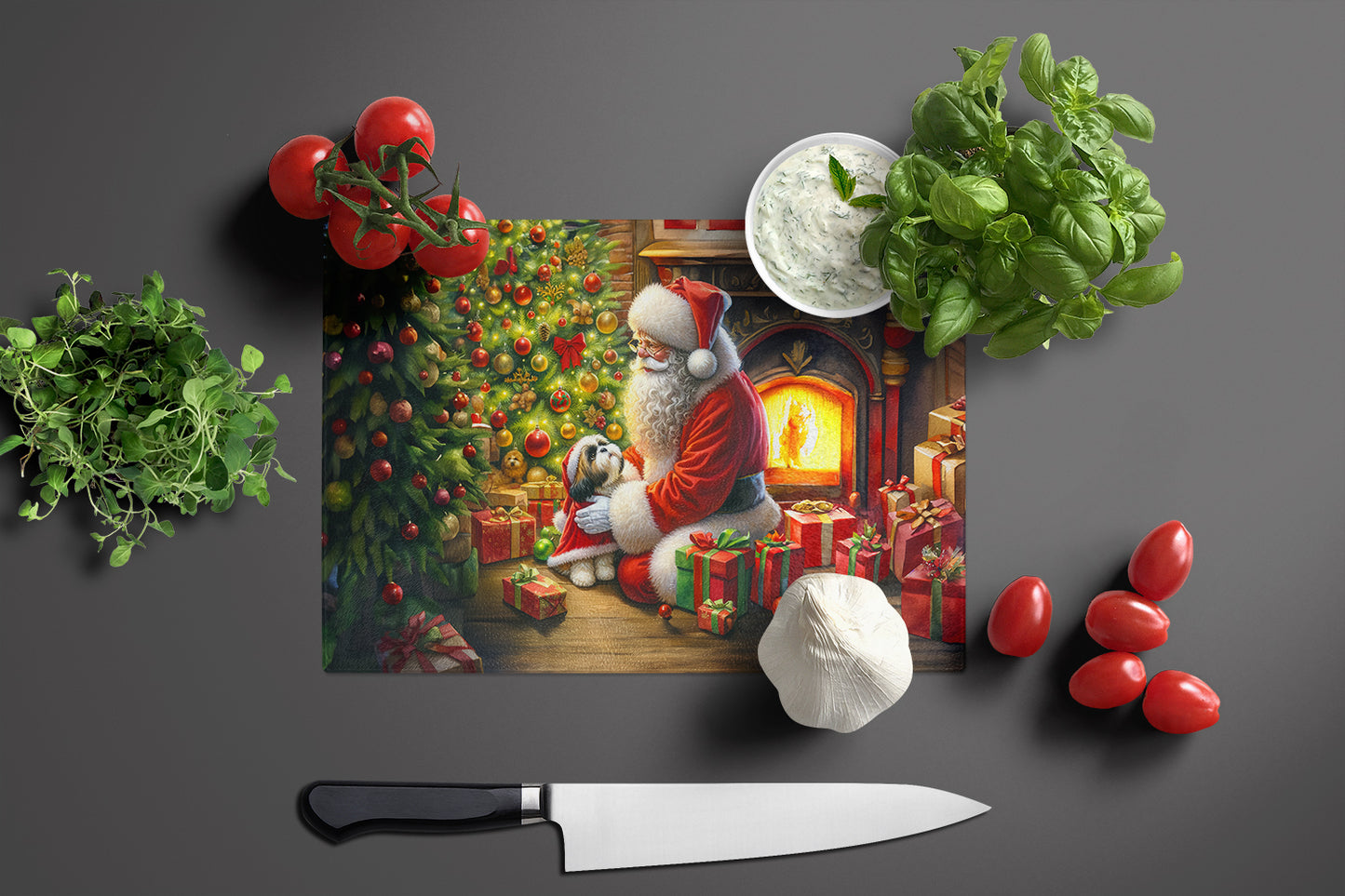 Shih Tzu and Santa Claus Glass Cutting Board