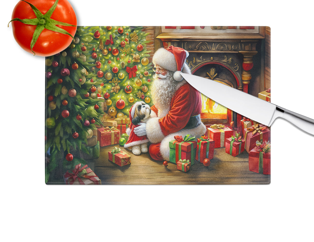 Shih Tzu and Santa Claus Glass Cutting Board