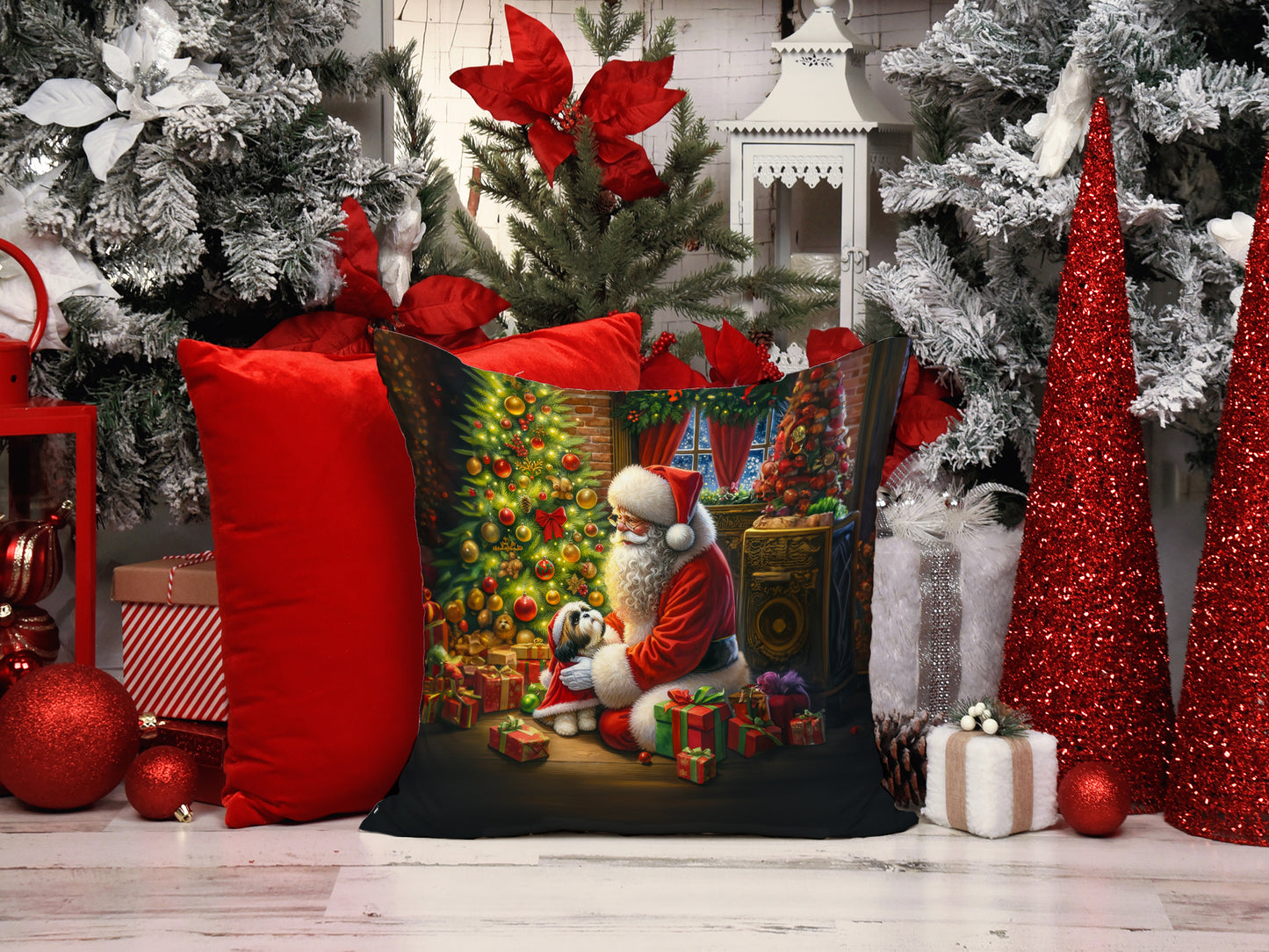 Shih Tzu and Santa Claus Throw Pillow