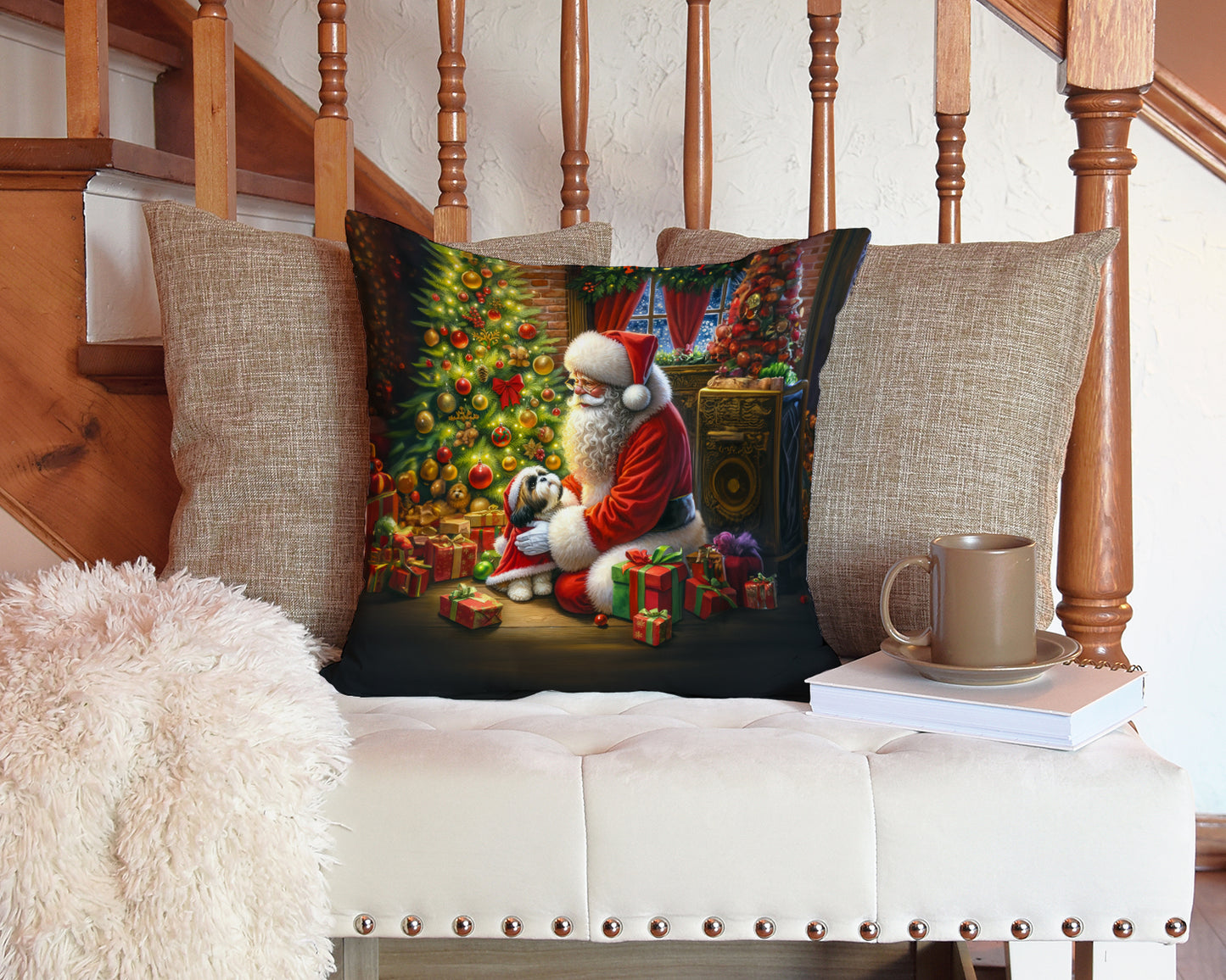 Shih Tzu and Santa Claus Throw Pillow