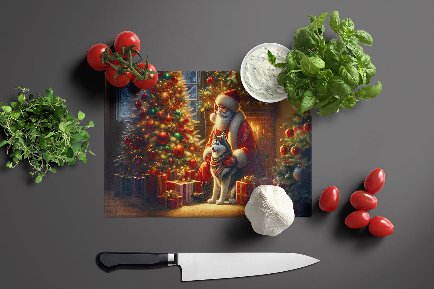 Siberian Husky and Santa Claus Glass Cutting Board