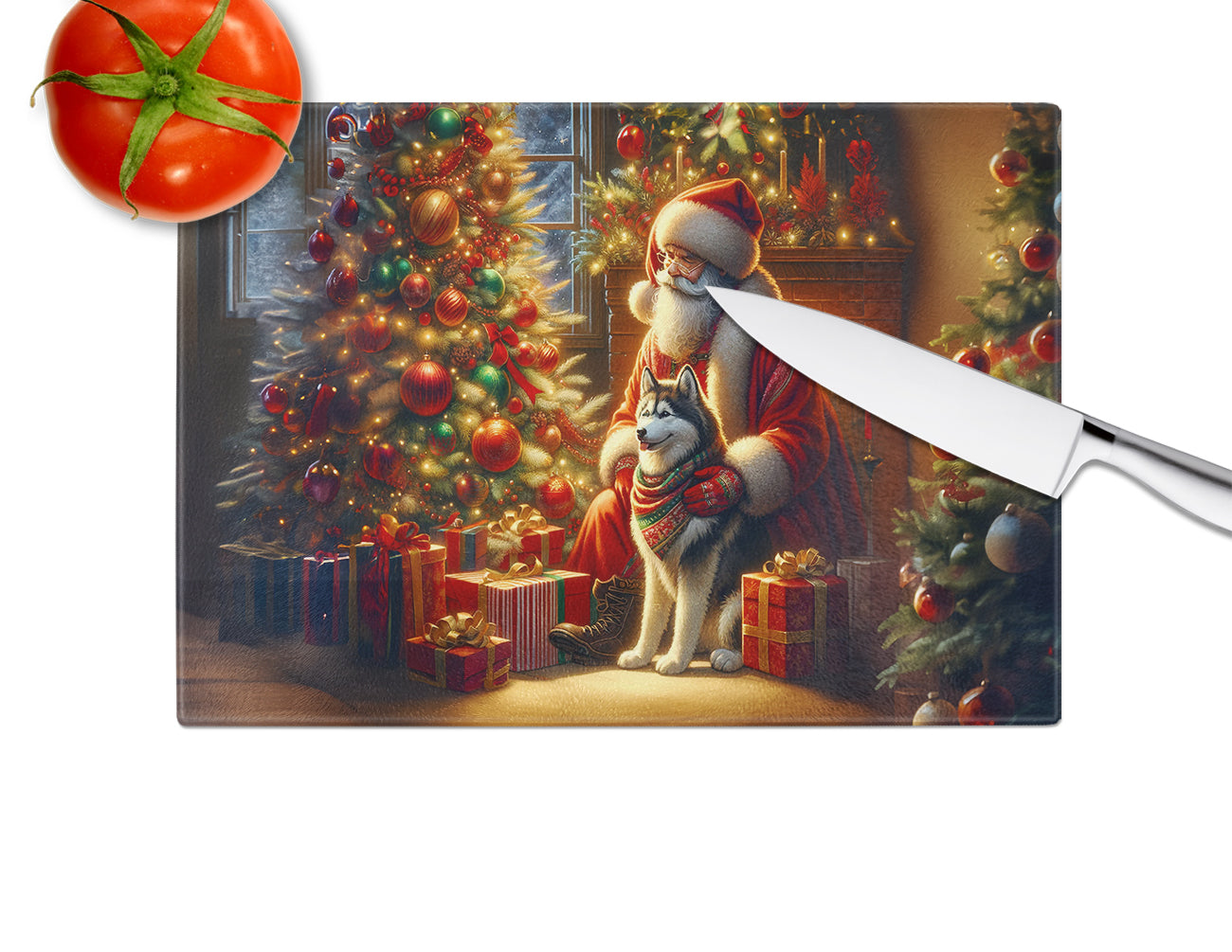 Siberian Husky and Santa Claus Glass Cutting Board