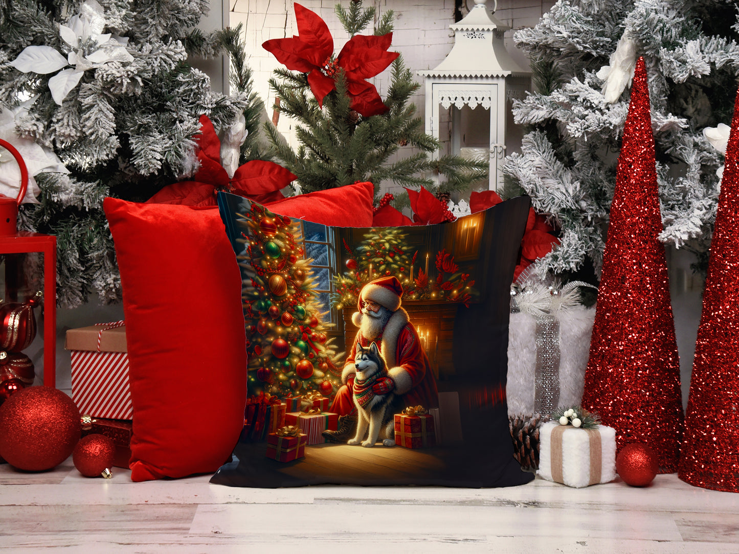 Siberian Husky and Santa Claus Throw Pillow