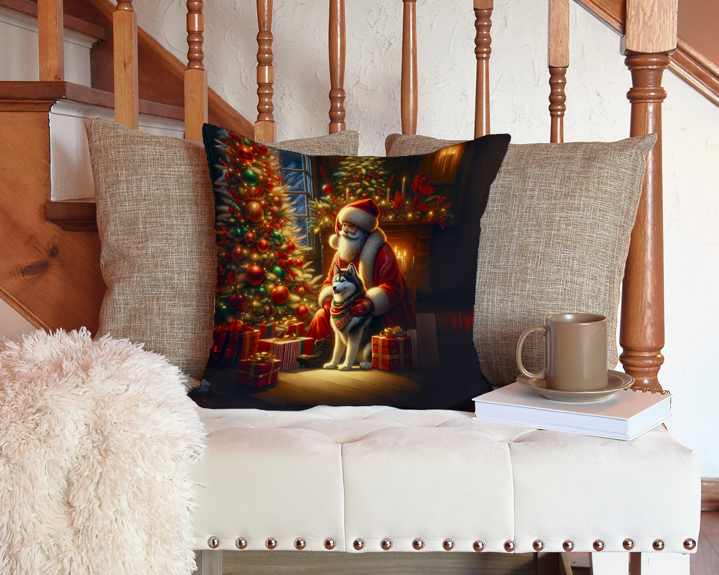 Siberian Husky and Santa Claus Throw Pillow