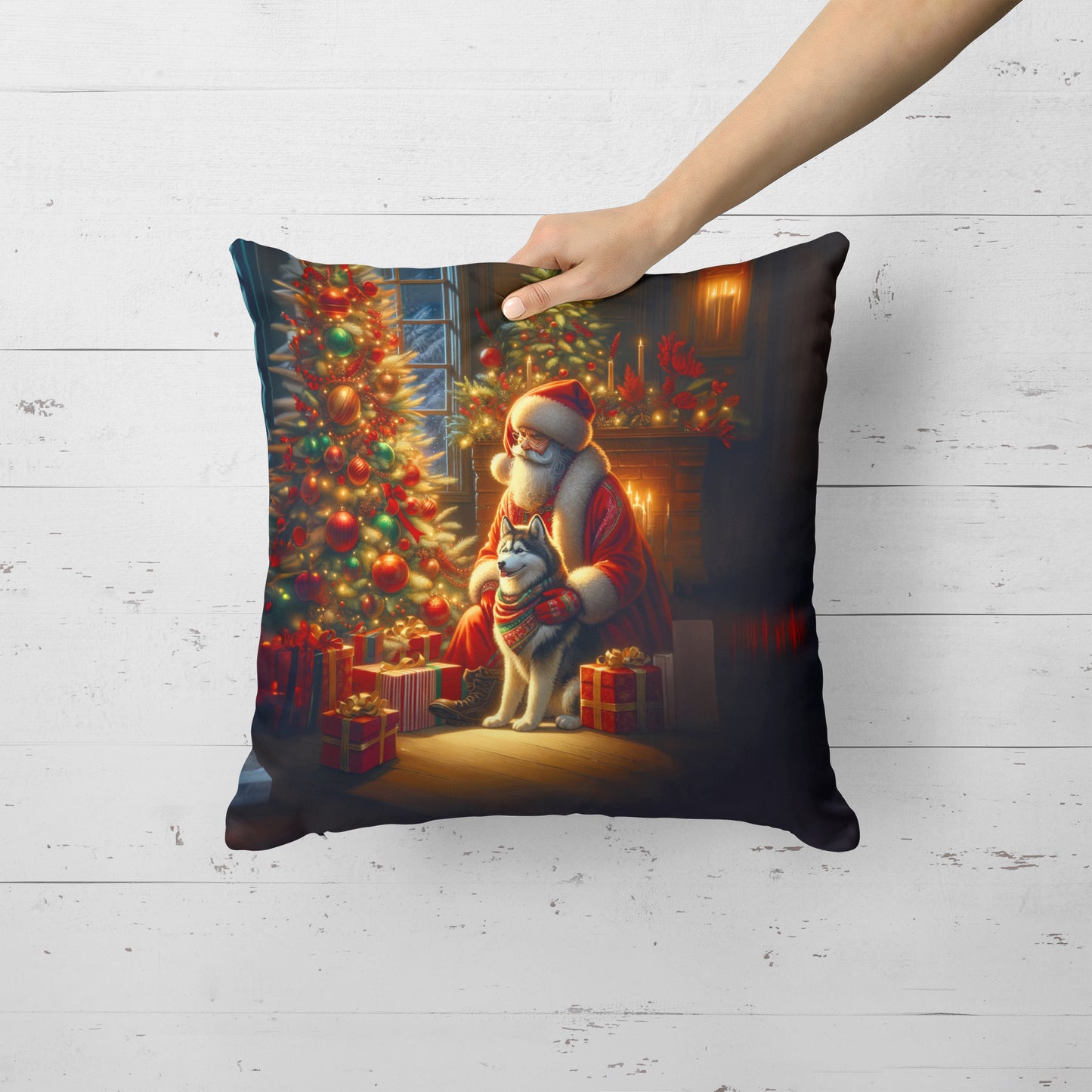 Siberian Husky and Santa Claus Throw Pillow