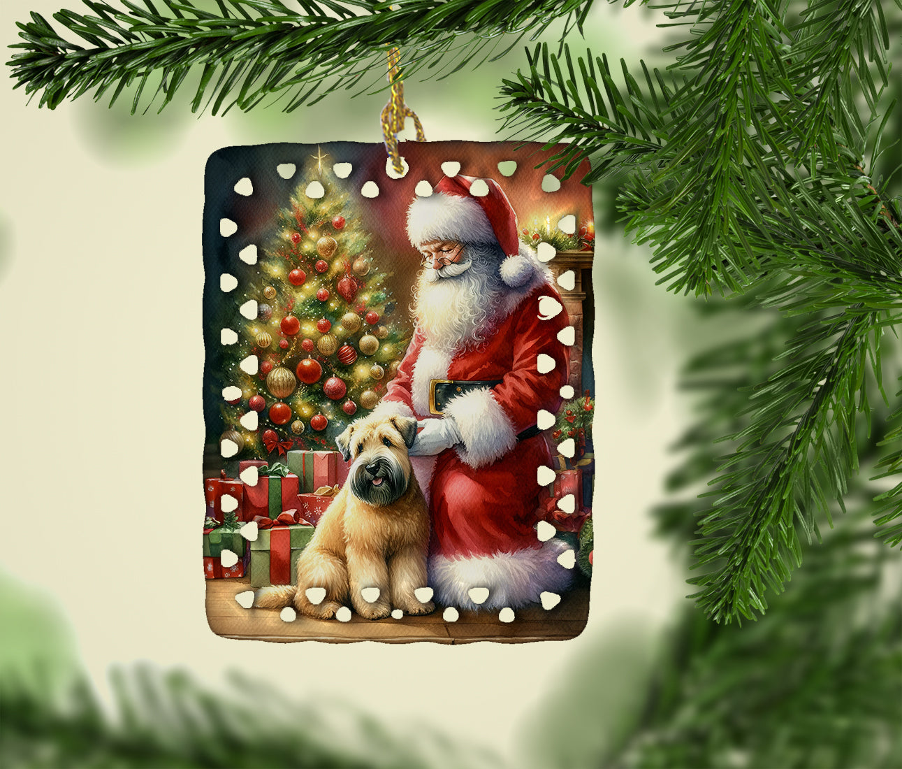 Wheaten Terrier and Santa Claus Porcelain Ornament