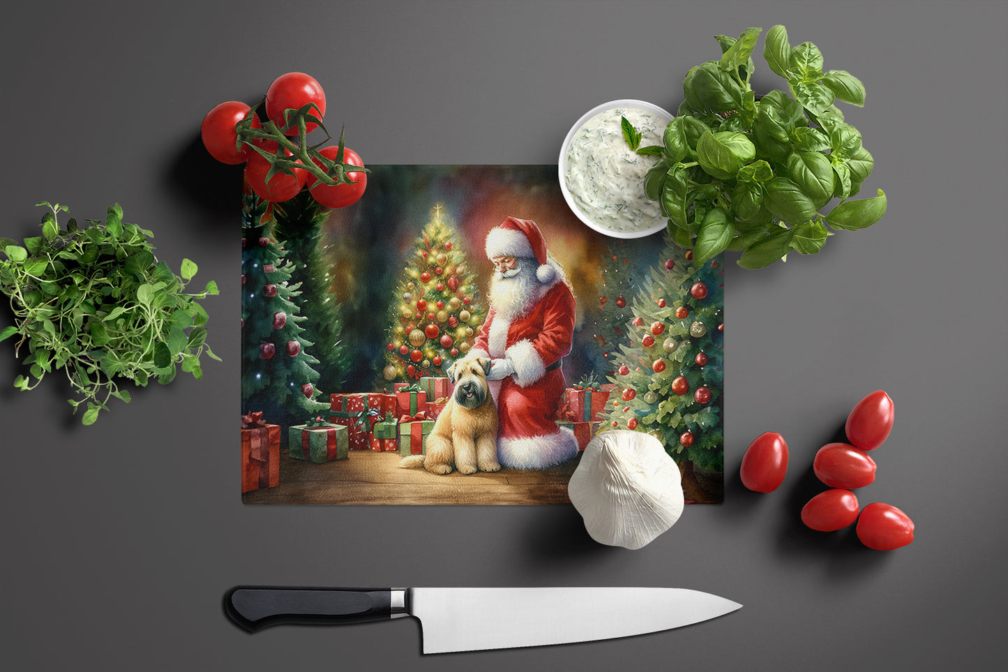 Wheaten Terrier and Santa Claus Glass Cutting Board