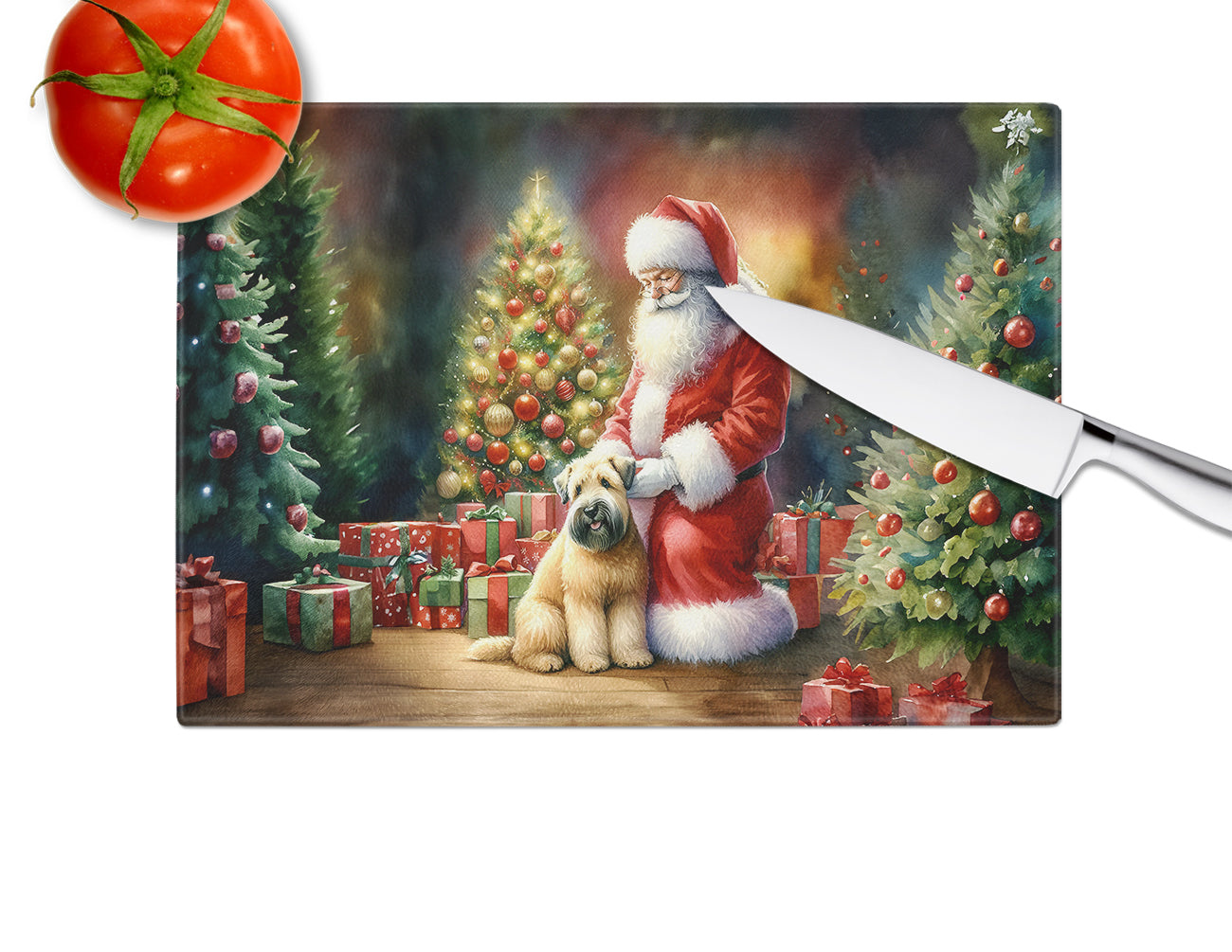 Wheaten Terrier and Santa Claus Glass Cutting Board