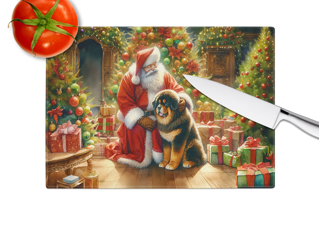 Tibetan Mastiff and Santa Claus Glass Cutting Board