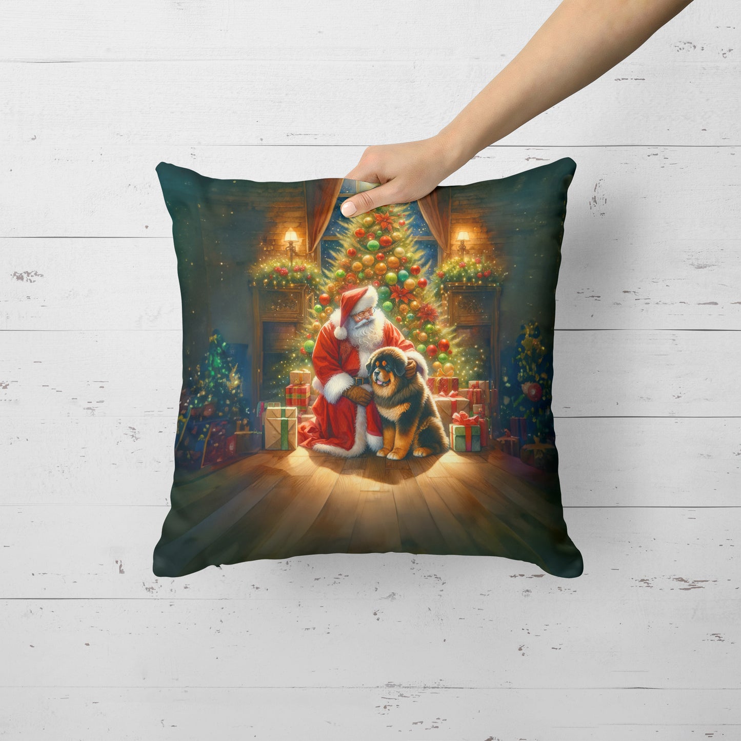 Tibetan Mastiff and Santa Claus Throw Pillow