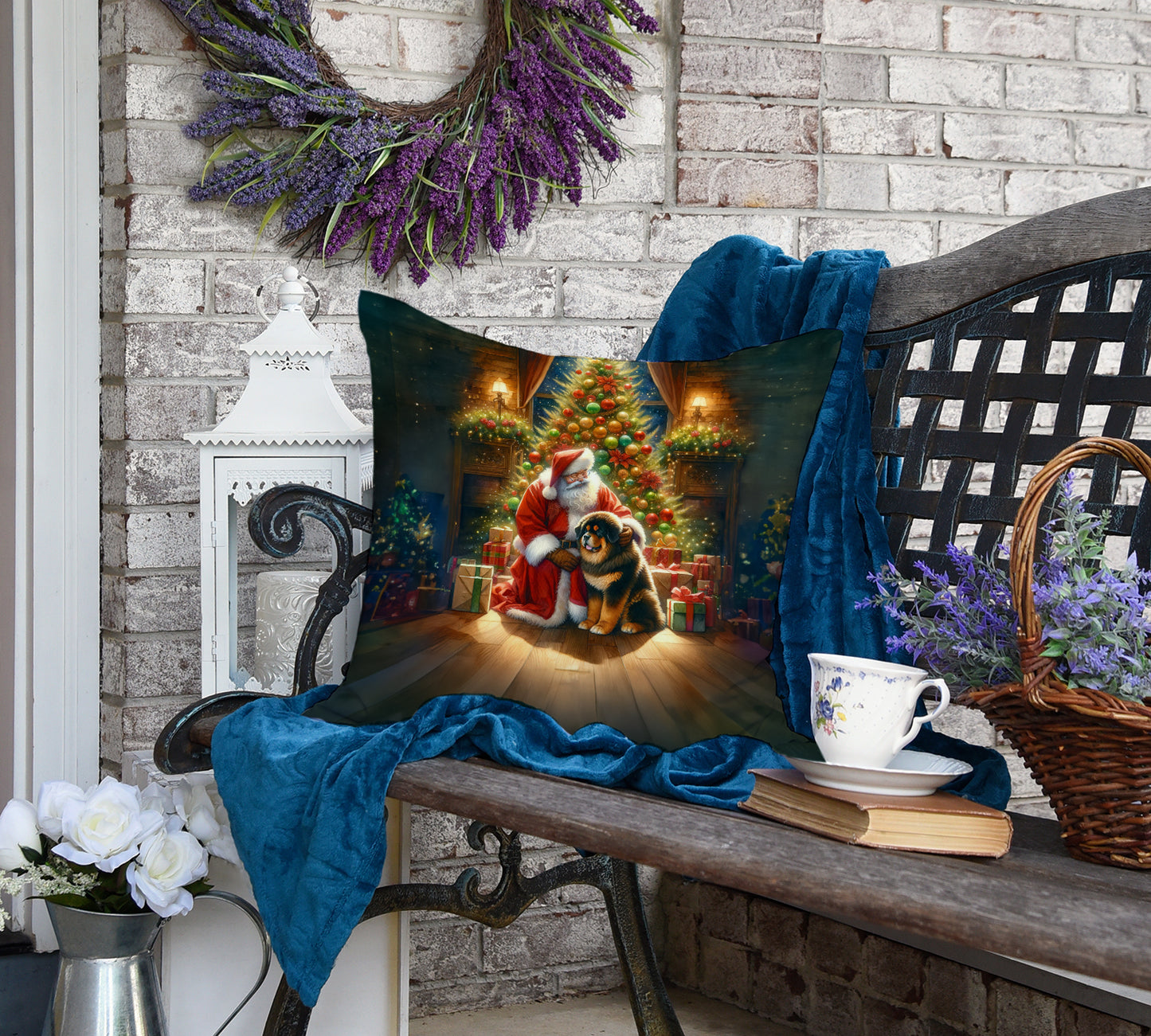 Tibetan Mastiff and Santa Claus Throw Pillow