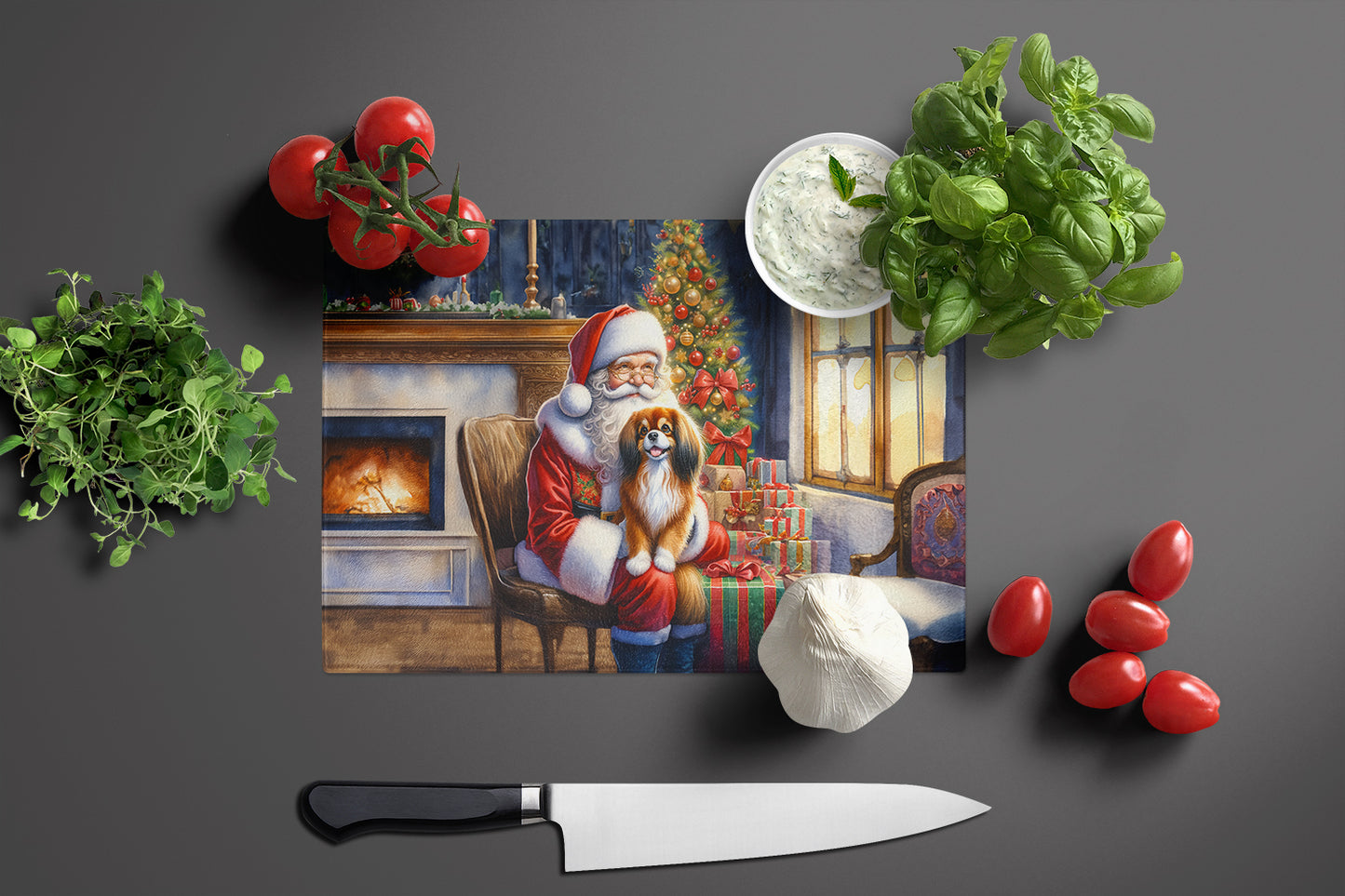 Tibetan Spaniel and Santa Claus Glass Cutting Board