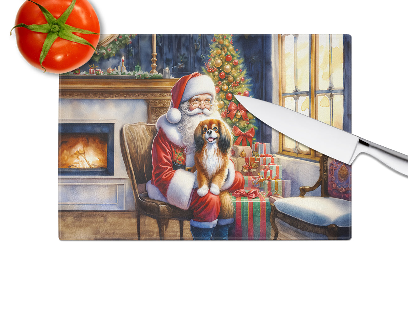 Tibetan Spaniel and Santa Claus Glass Cutting Board