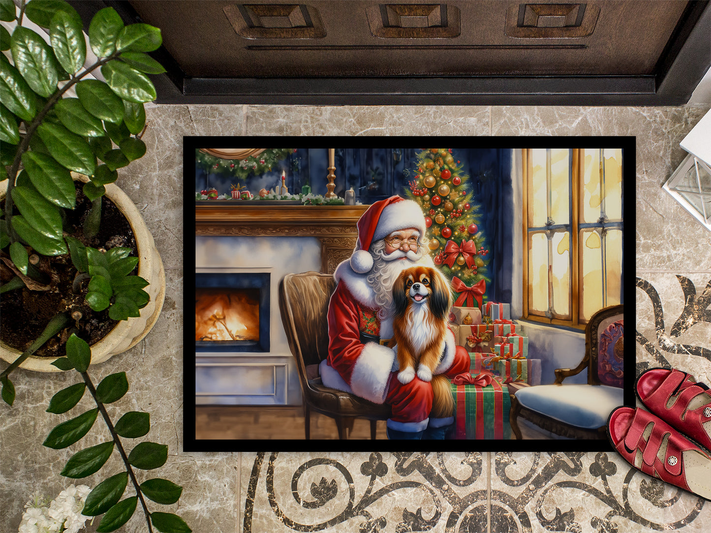 Tibetan Spaniel and Santa Claus Doormat