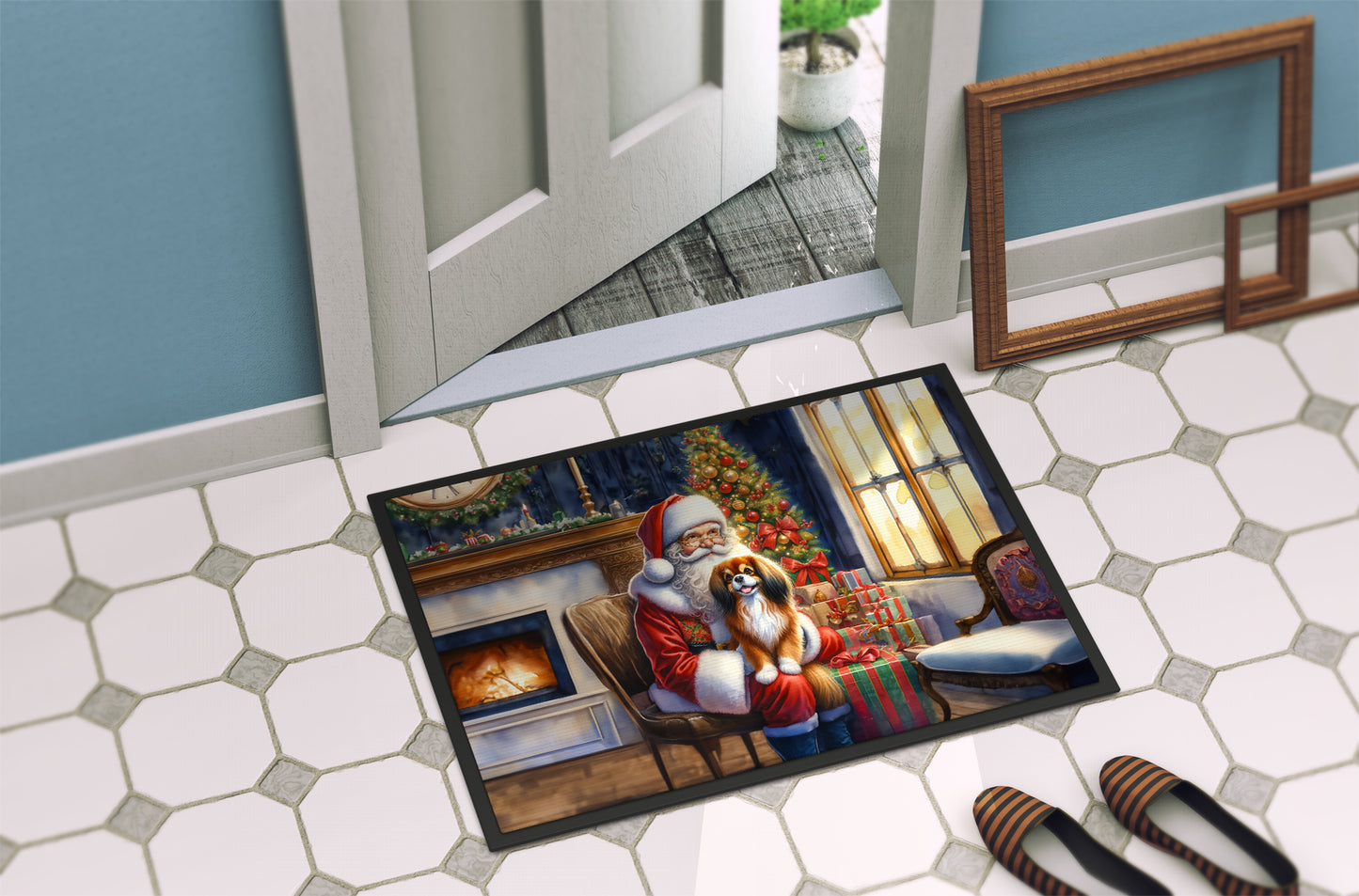 Tibetan Spaniel and Santa Claus Doormat