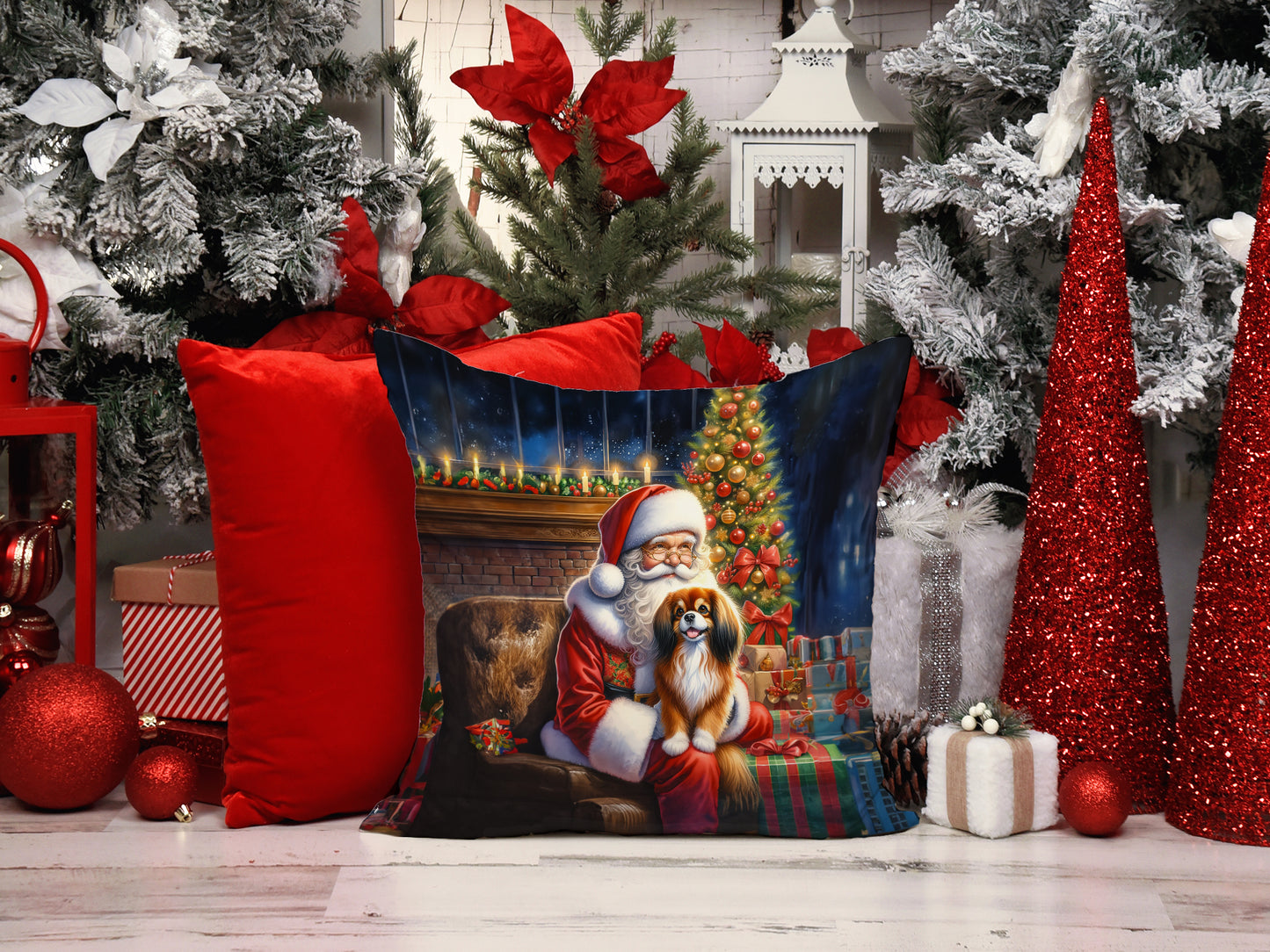 Tibetan Spaniel and Santa Claus Throw Pillow