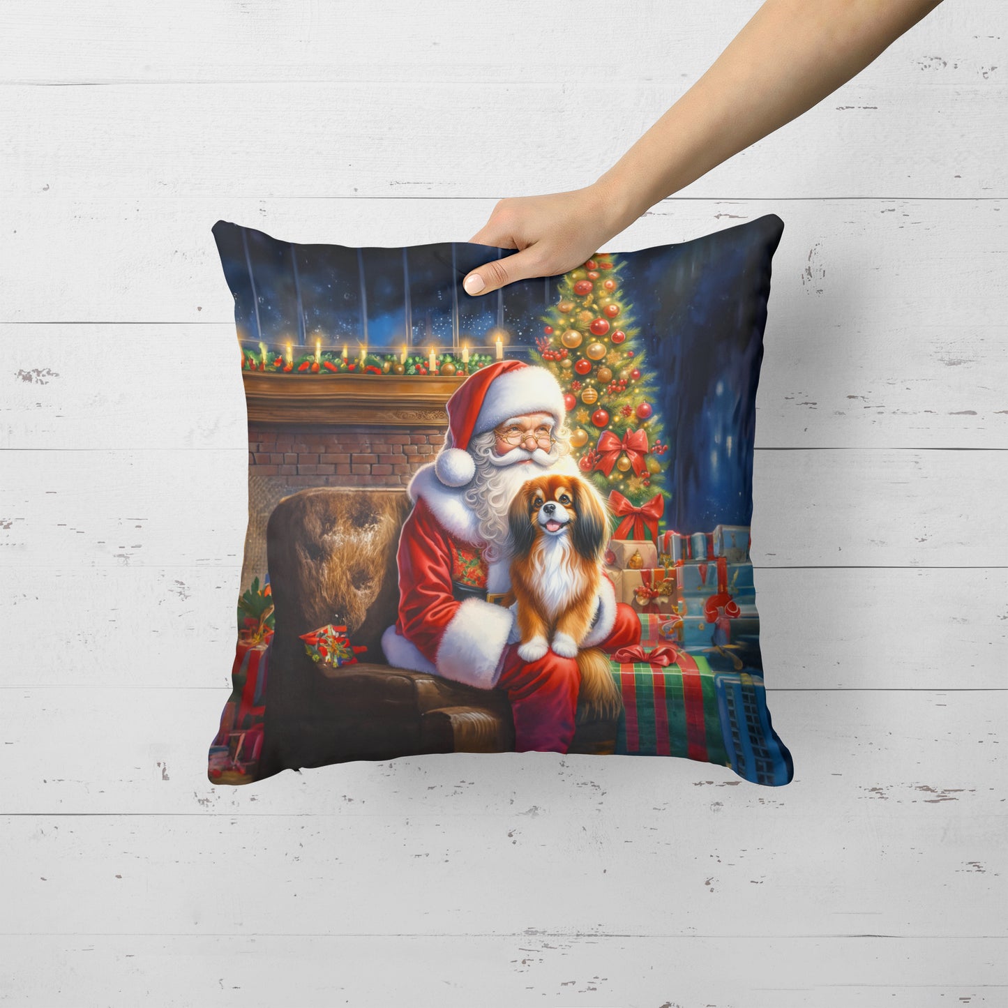 Tibetan Spaniel and Santa Claus Throw Pillow