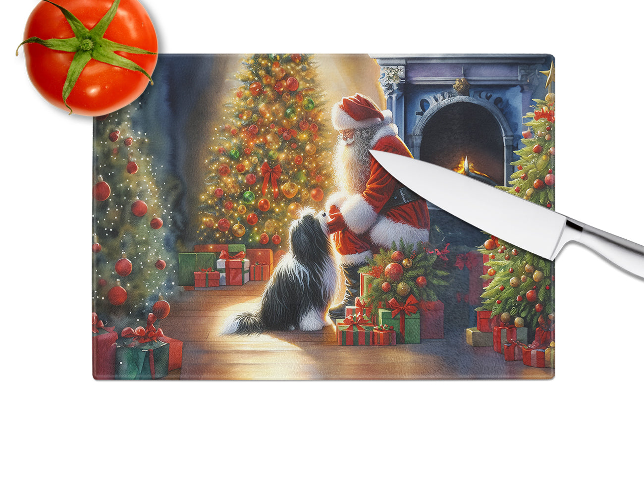 Tibetan Terrier and Santa Claus Glass Cutting Board