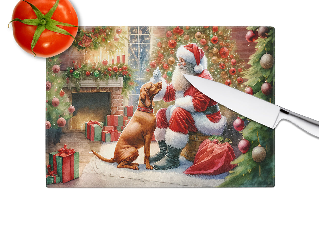 Vizsla and Santa Claus Glass Cutting Board