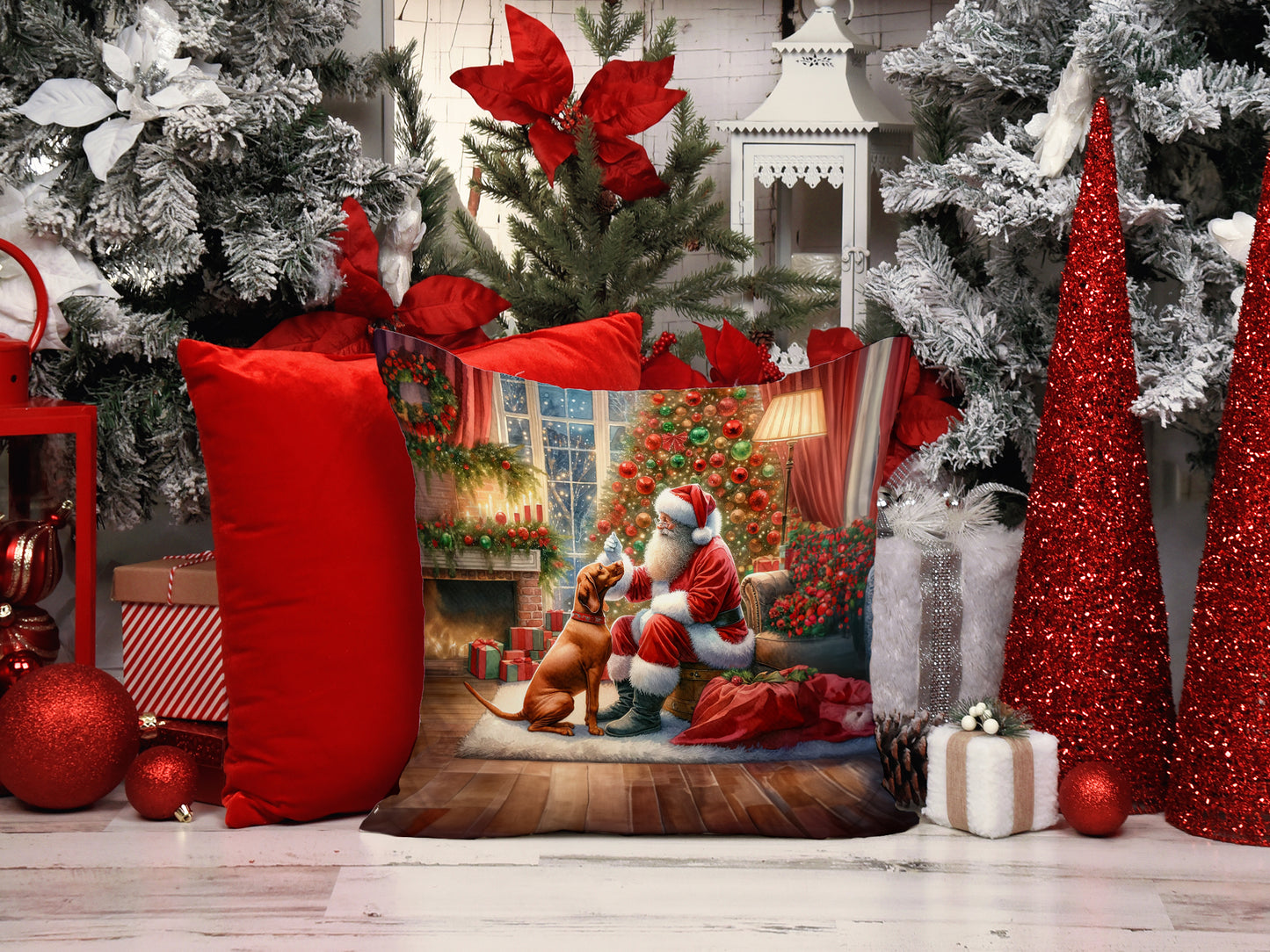 Vizsla and Santa Claus Throw Pillow