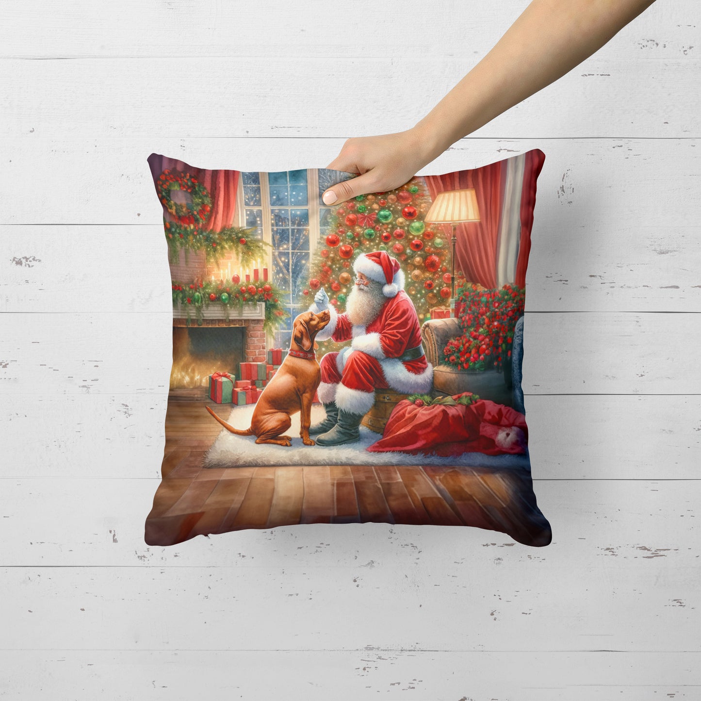 Vizsla and Santa Claus Throw Pillow