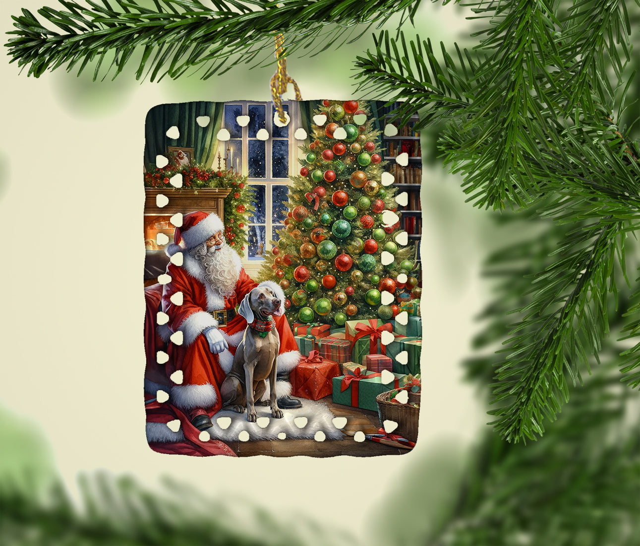 Weimaraner and Santa Claus Porcelain Ornament