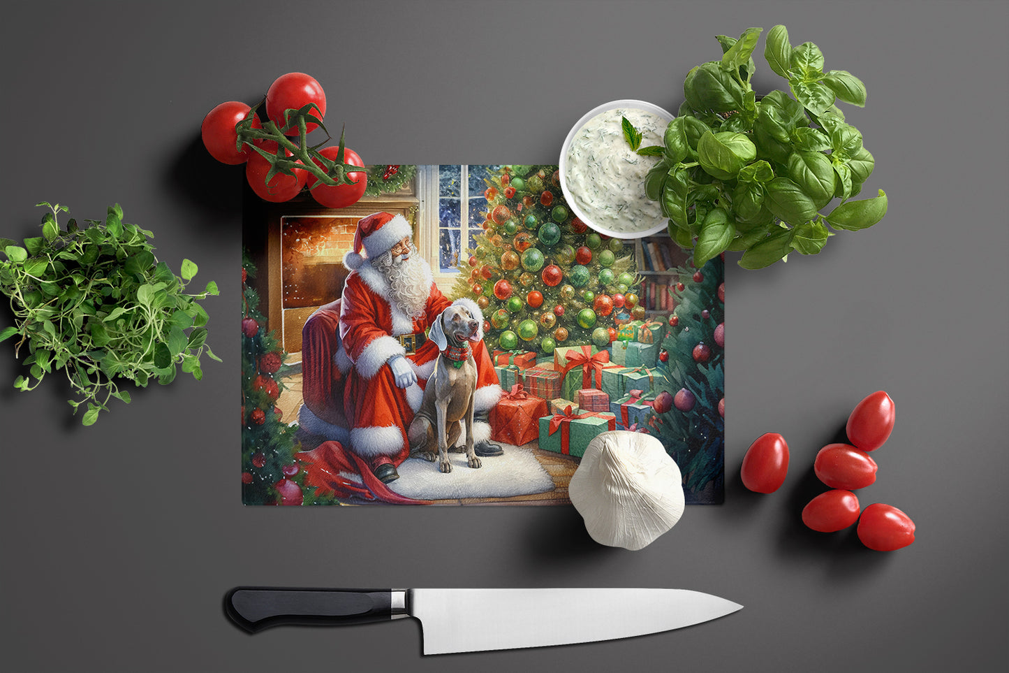 Weimaraner and Santa Claus Glass Cutting Board