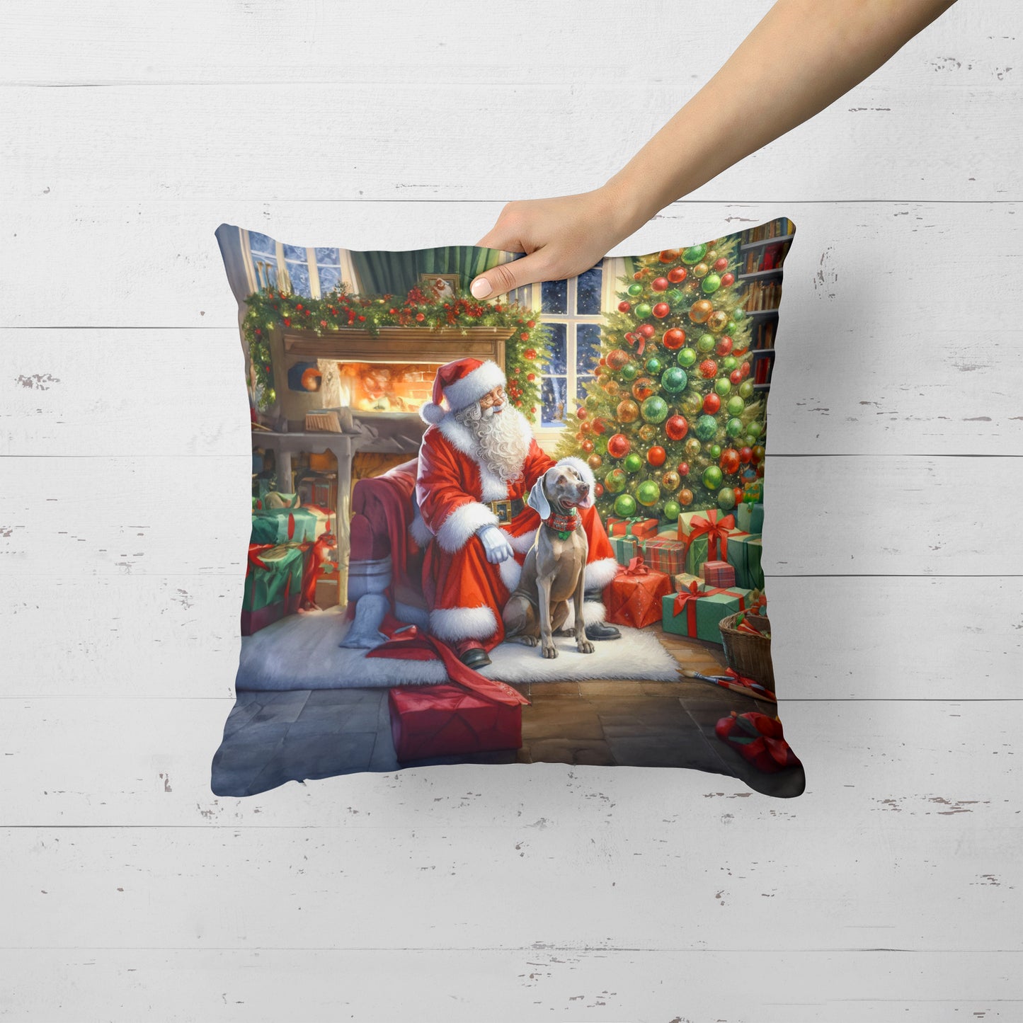 Weimaraner and Santa Claus Throw Pillow