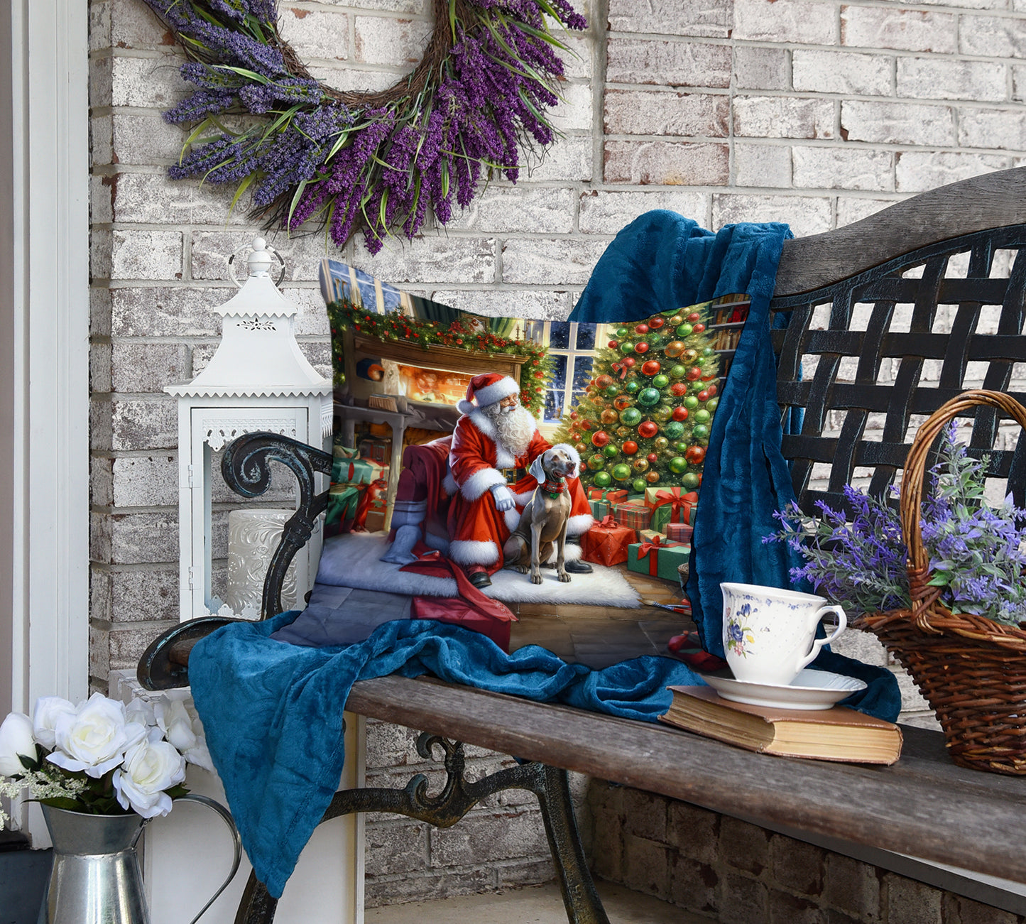 Weimaraner and Santa Claus Throw Pillow