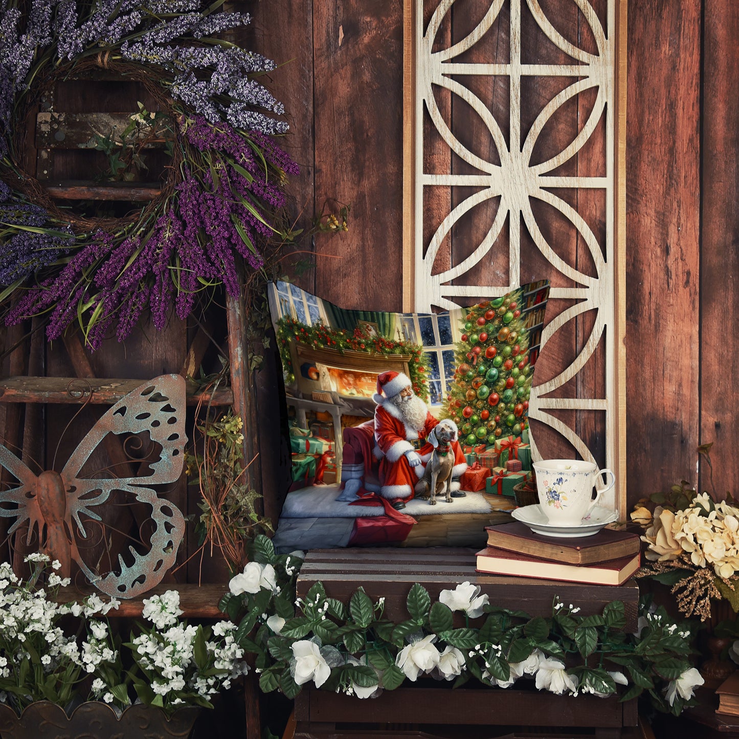 Weimaraner and Santa Claus Throw Pillow