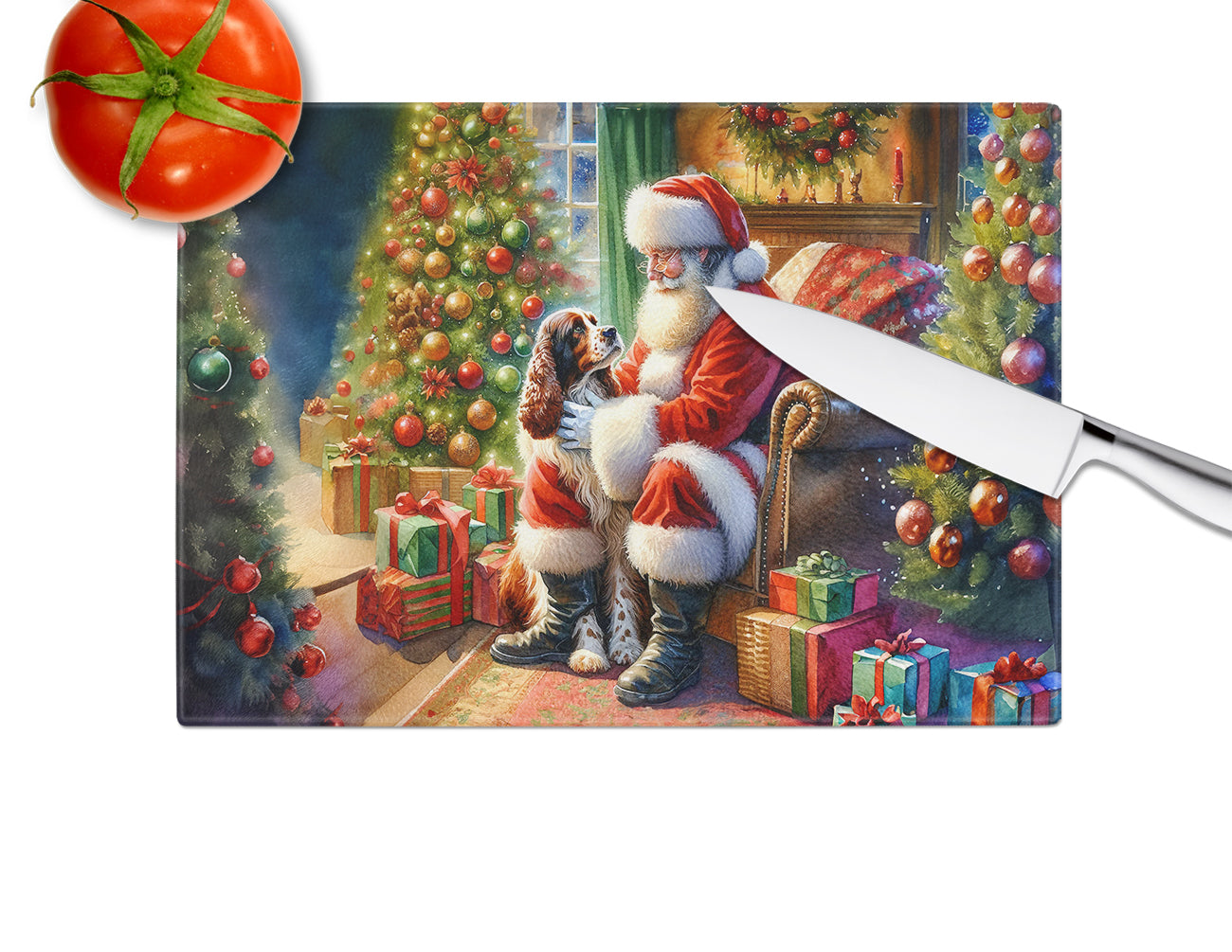 Welsh Springer Spaniel and Santa Claus Glass Cutting Board