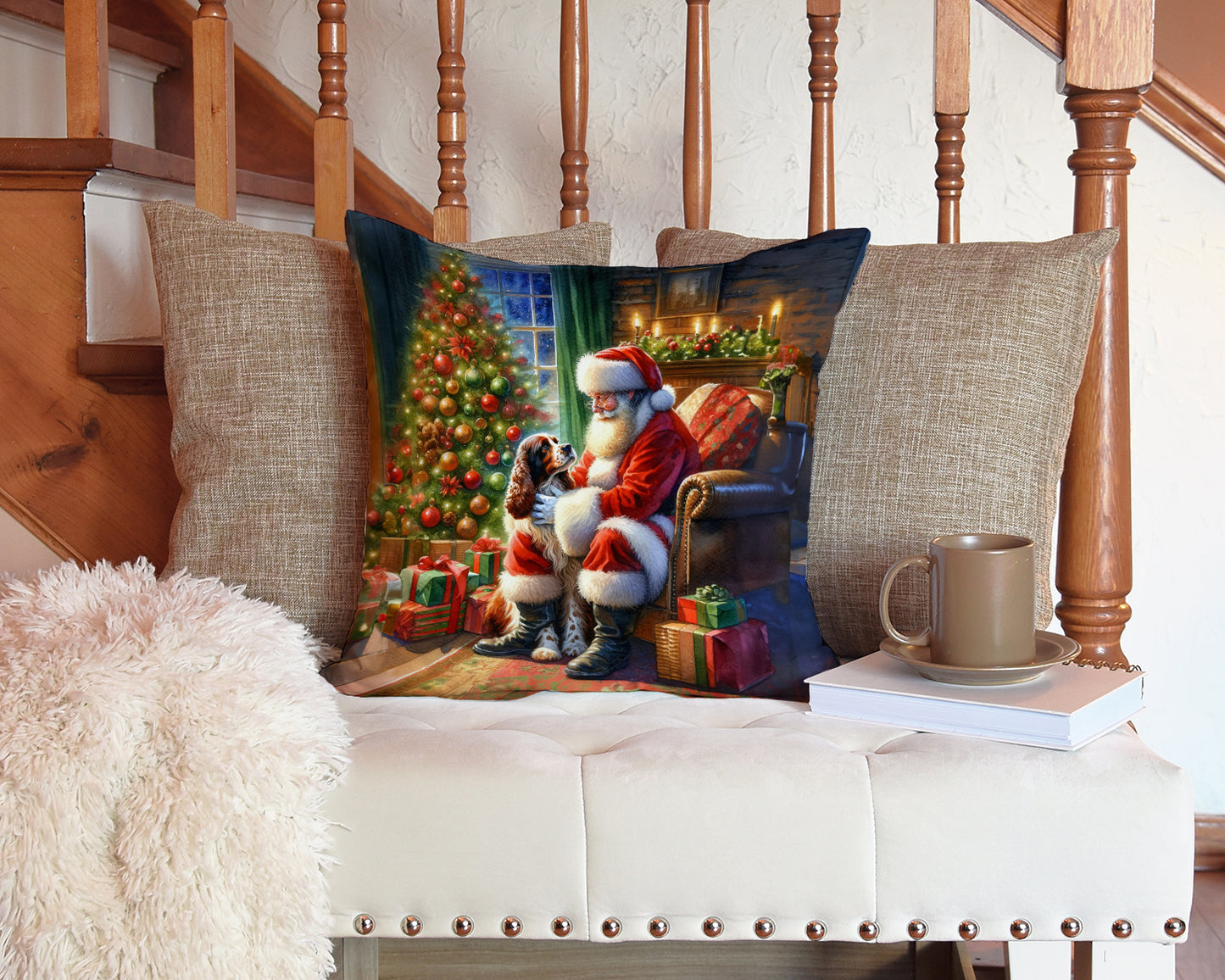 Welsh Springer Spaniel and Santa Claus Throw Pillow