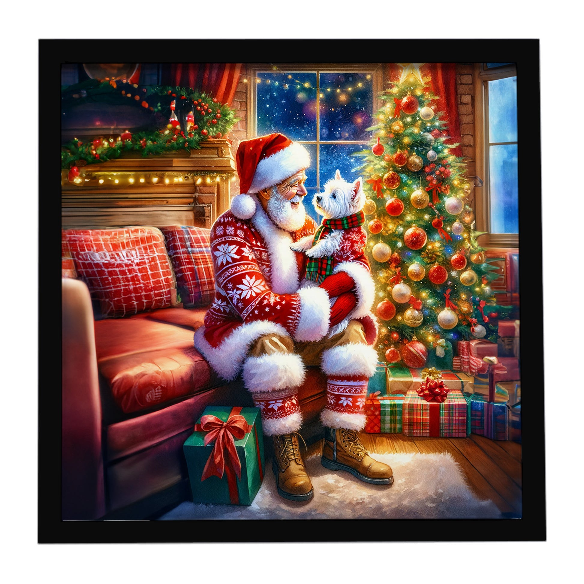 Buy this Westie and Santa Claus Framed Metal Print
