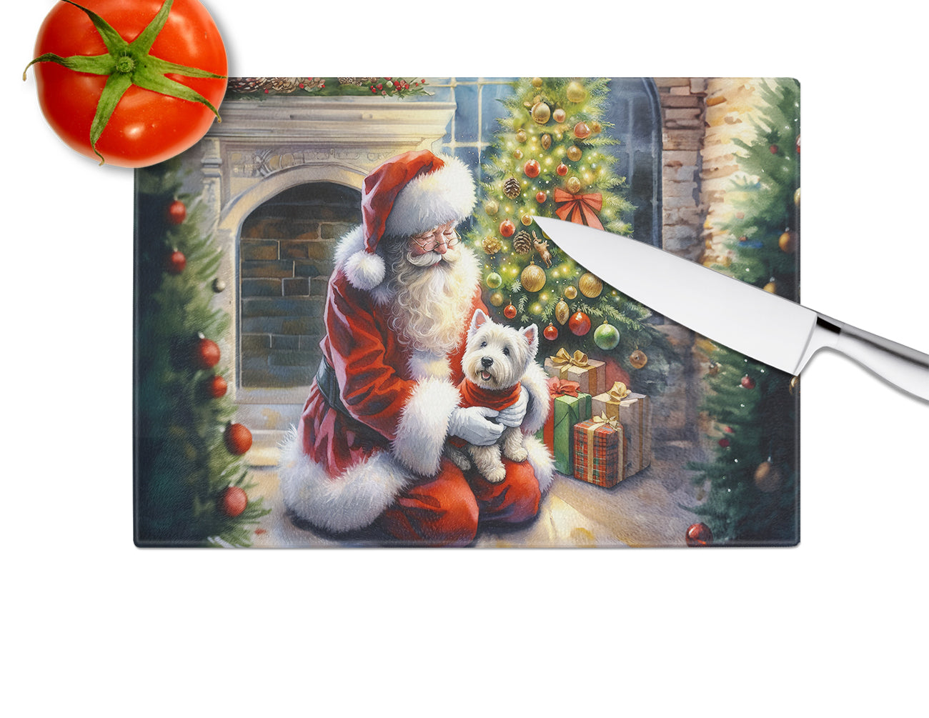 Westie and Santa Claus Glass Cutting Board