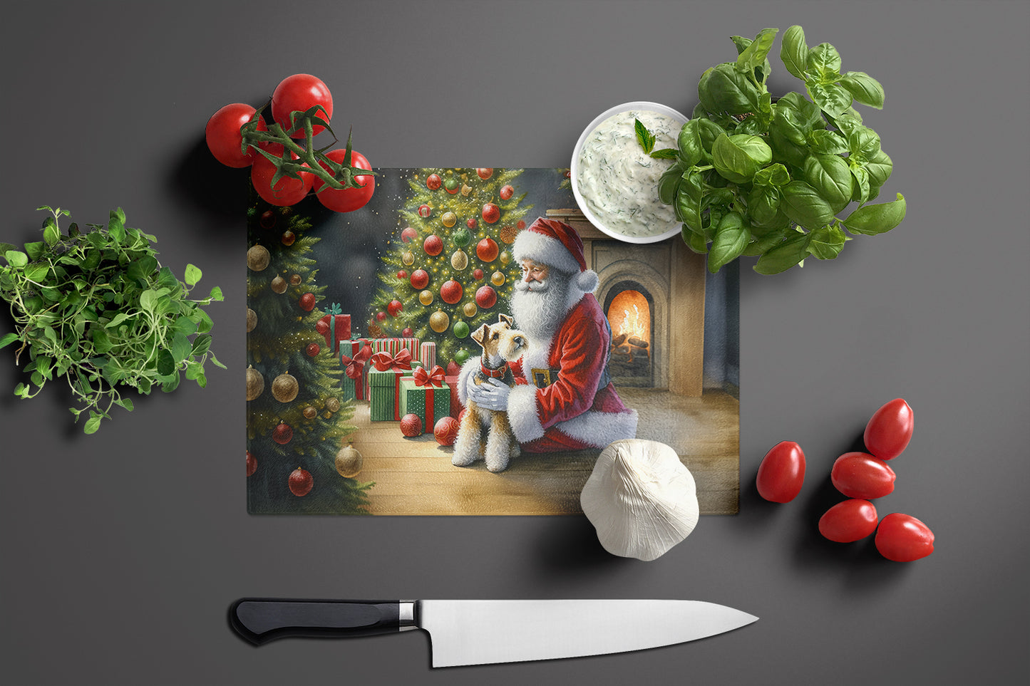 Fox Terrier and Santa Claus Glass Cutting Board