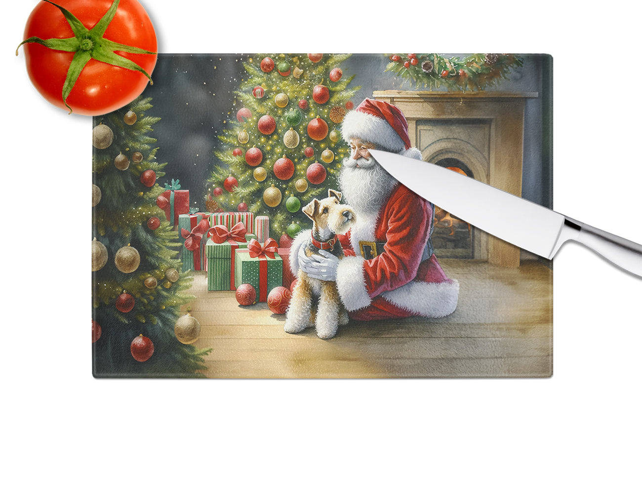 Fox Terrier and Santa Claus Glass Cutting Board