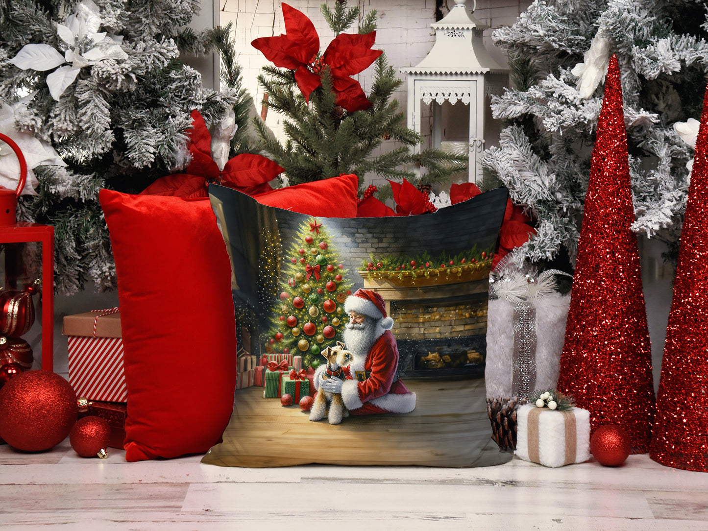 Fox Terrier and Santa Claus Throw Pillow