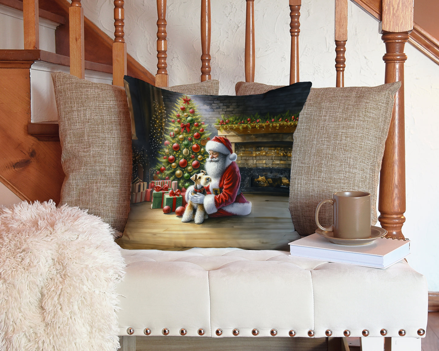 Fox Terrier and Santa Claus Throw Pillow