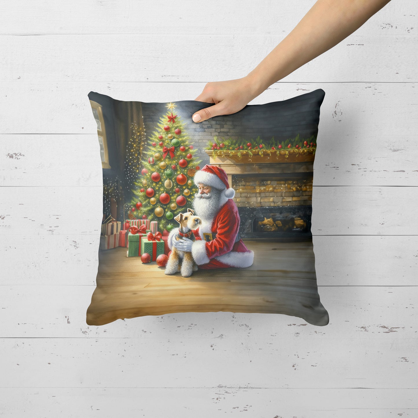 Fox Terrier and Santa Claus Throw Pillow