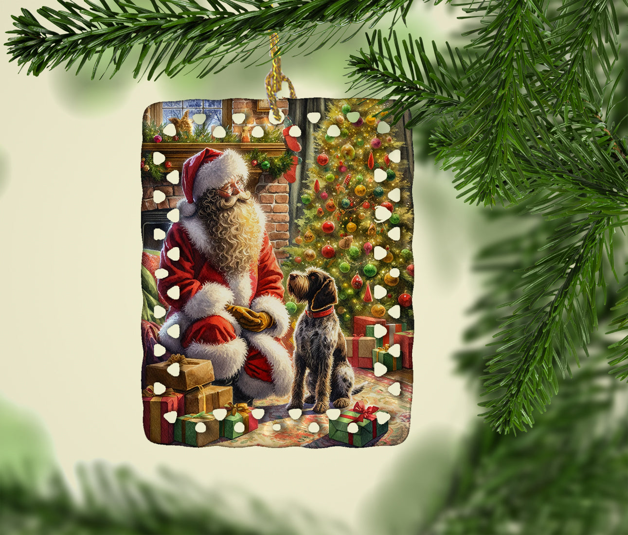 Wirehaired Pointing Griffon and Santa Claus Porcelain Ornament