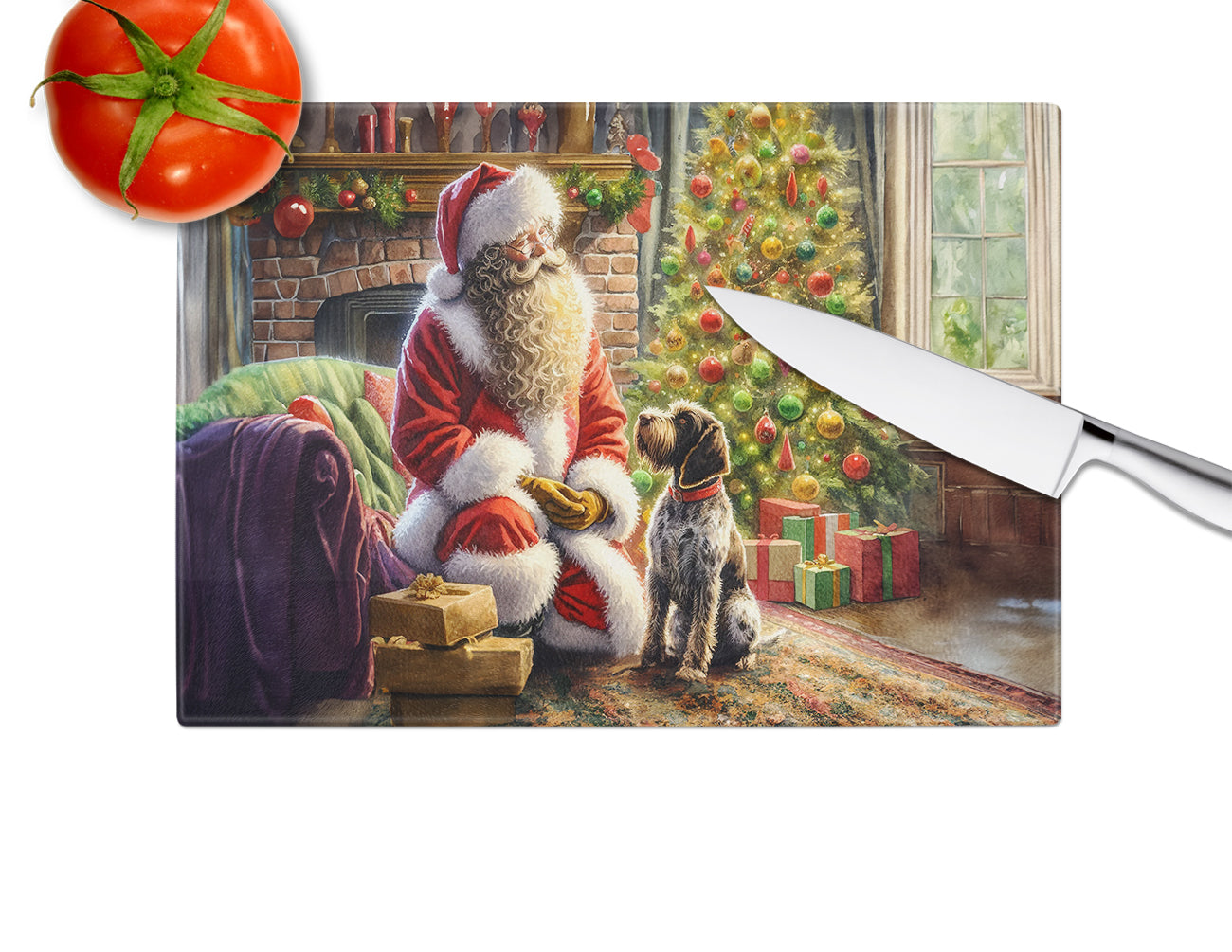 Wirehaired Pointing Griffon and Santa Claus Glass Cutting Board