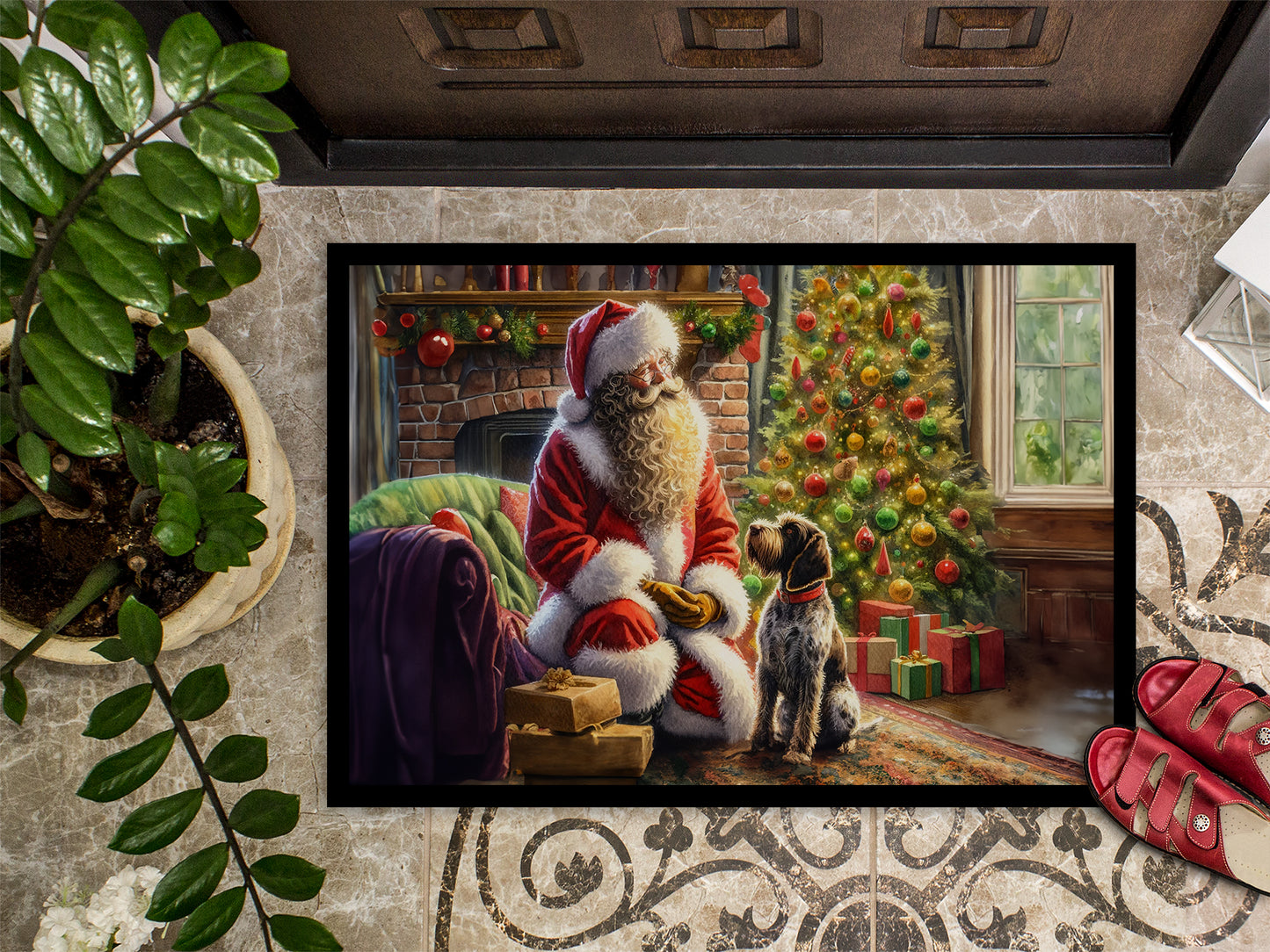 Wirehaired Pointing Griffon and Santa Claus Doormat