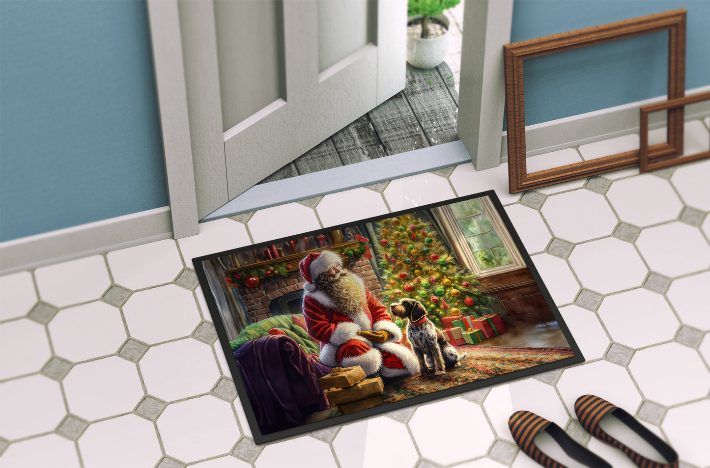 Wirehaired Pointing Griffon and Santa Claus Doormat