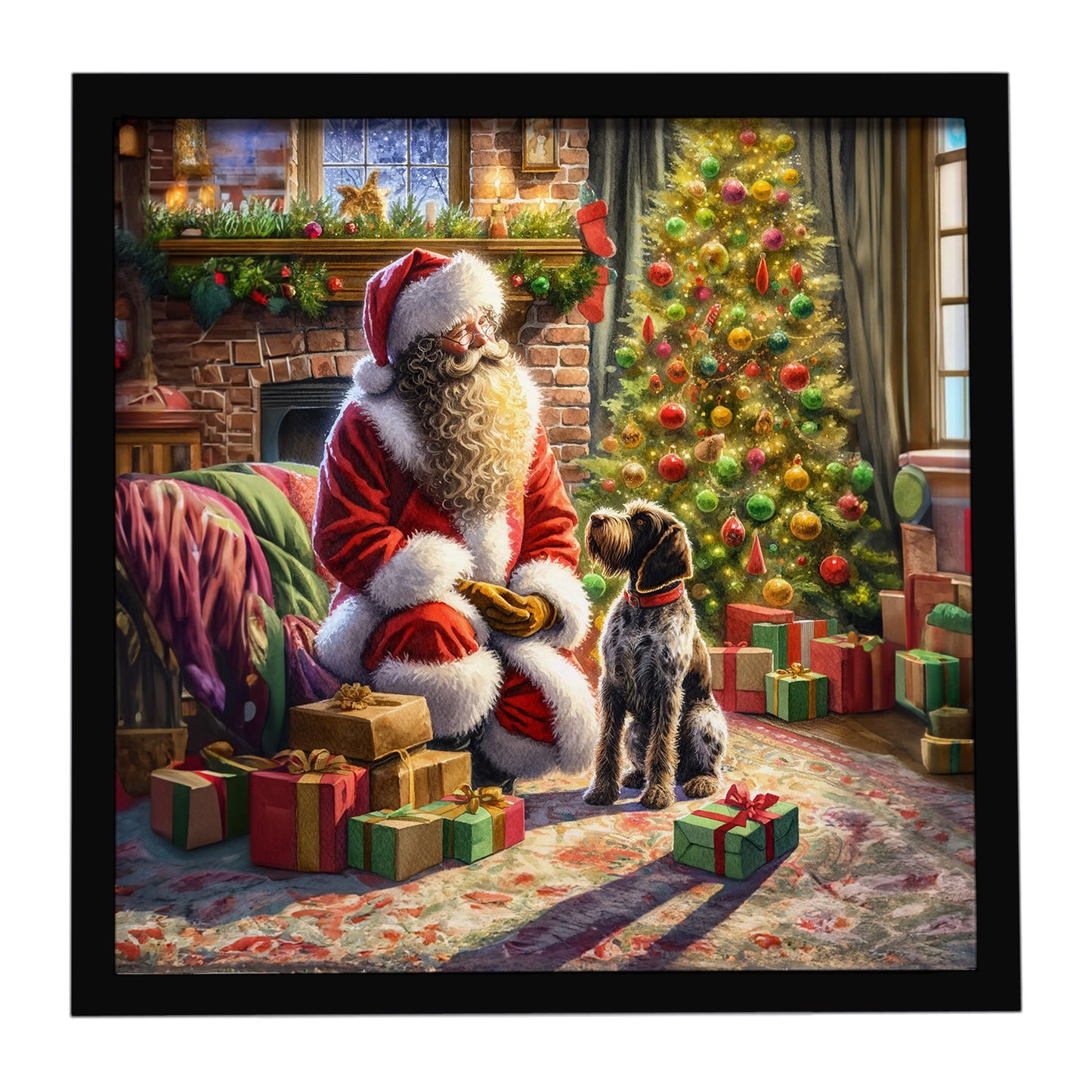 Buy this Wirehaired Pointing Griffon and Santa Claus Framed Metal Print