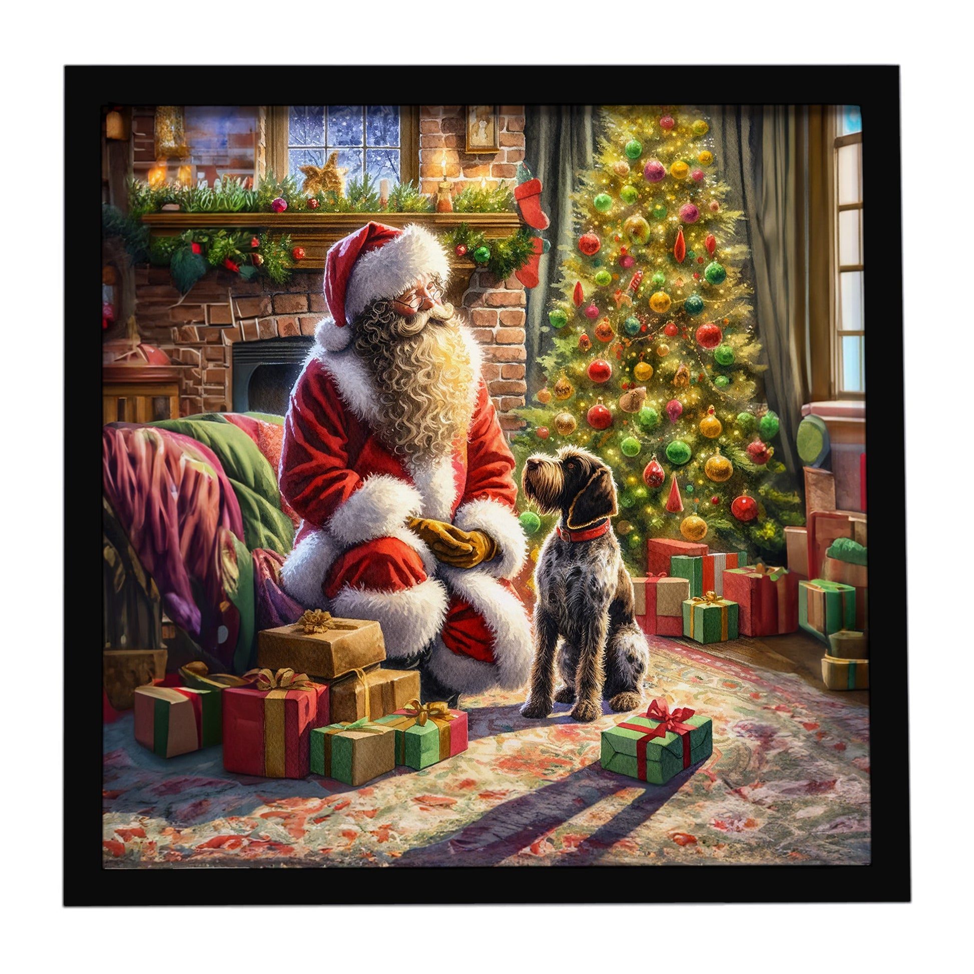 Buy this Wirehaired Pointing Griffon and Santa Claus Framed Metal Print